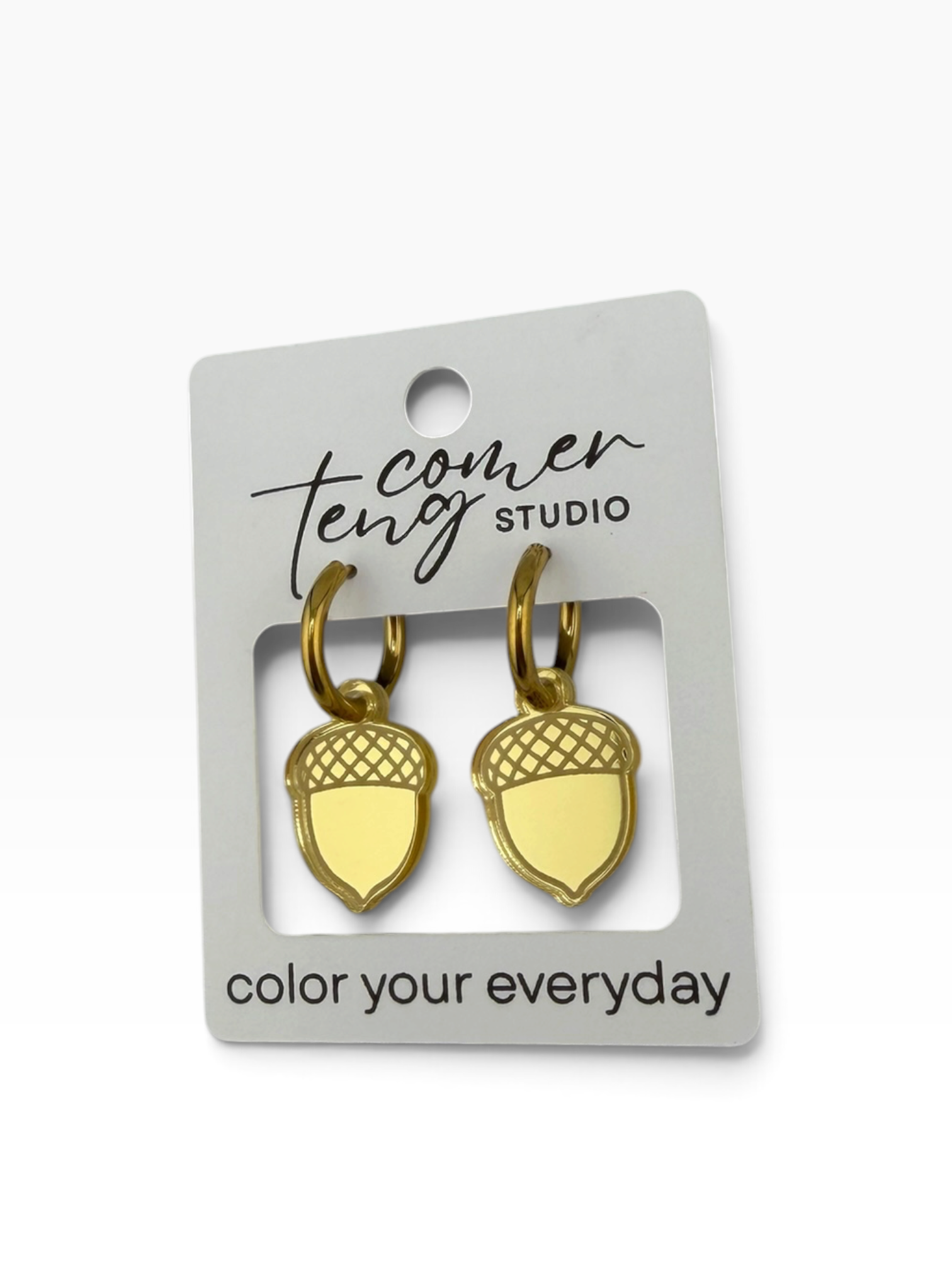 Gold Etched Acorn Charm Hoop Earrings