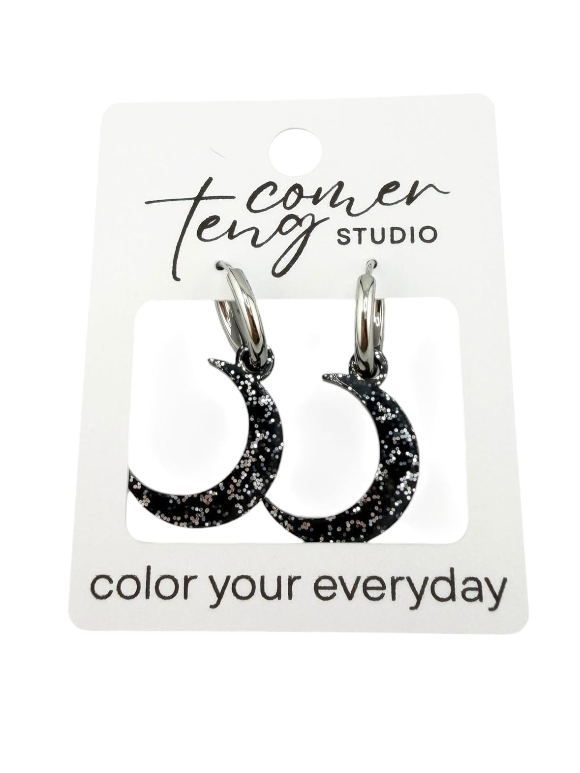 Black Sparkle Moon Charm Hoop Earrings | Interchangeable Celestial Earrings