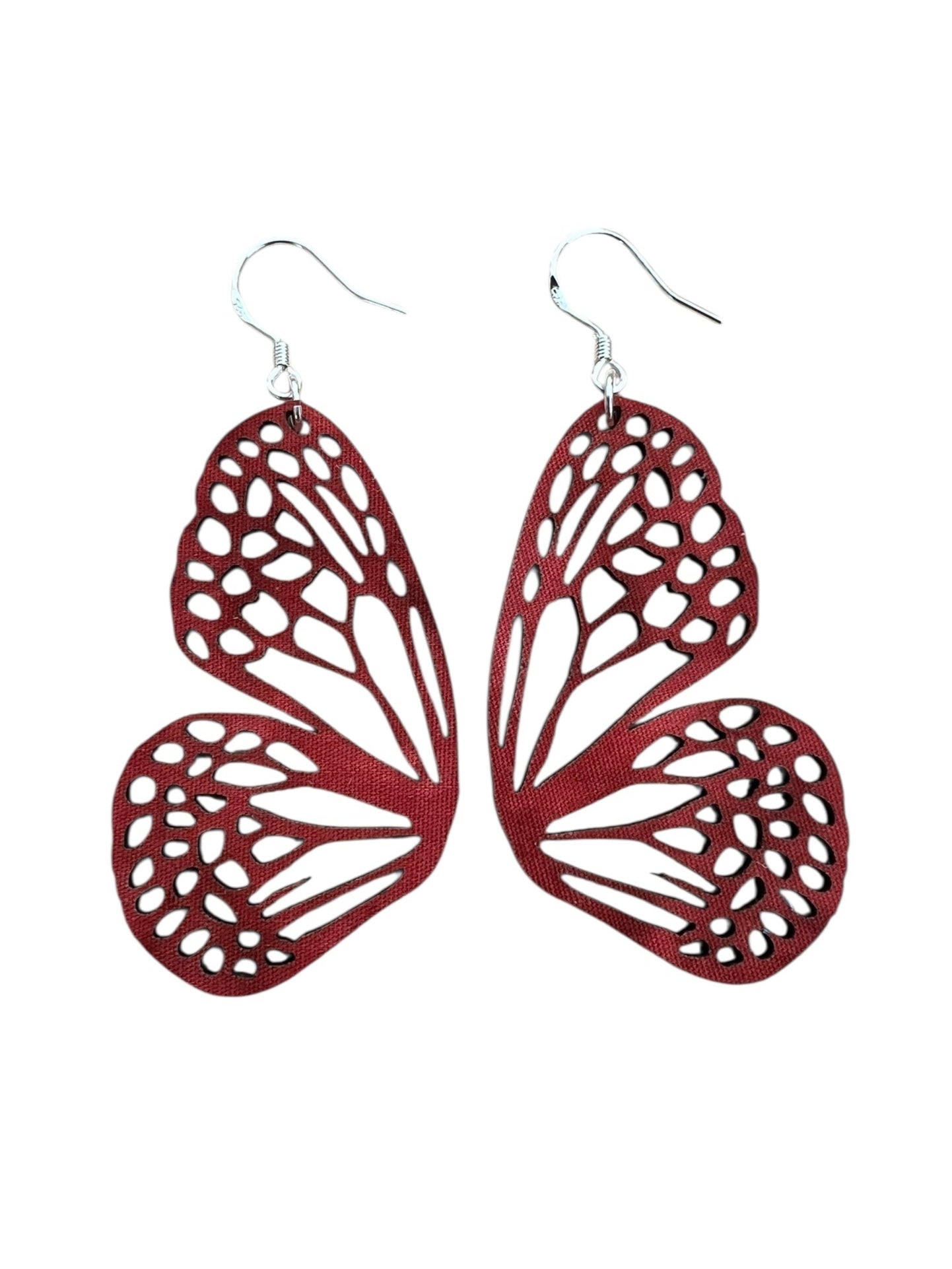 Red butterfly-shaped earrings on a white background