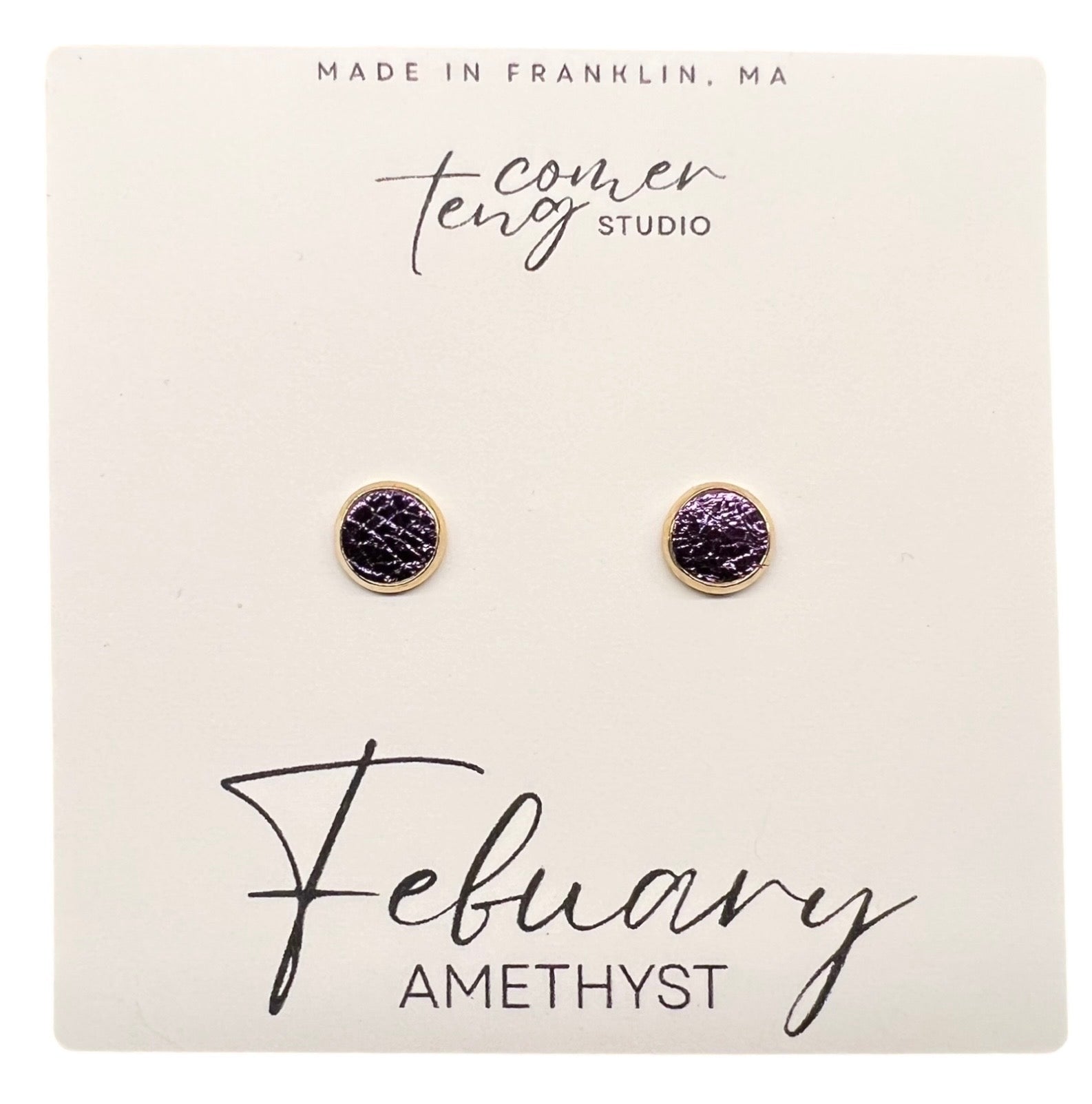 Purple druzy stud earrings on a card with 'February Amethyst' text and branding.
