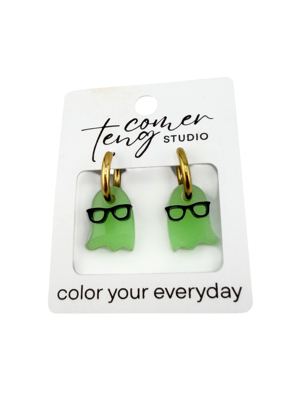 Glow-in-the-Dark Ghosts with Glasses Charm Hoop Earrings | Interchangeable Halloween Earrings