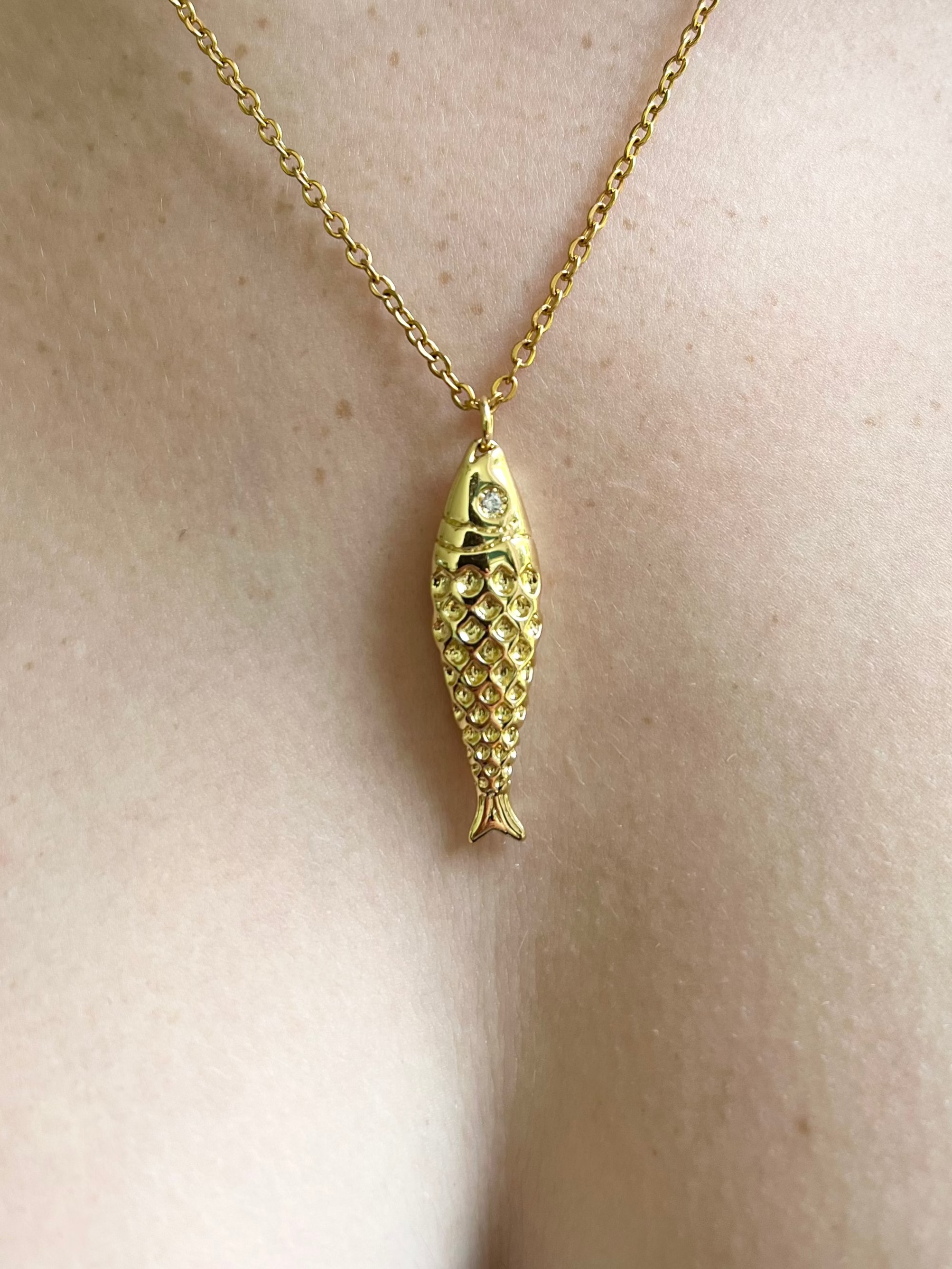 Gold fish-shaped pendant necklace on a person's neck with a flesh background
