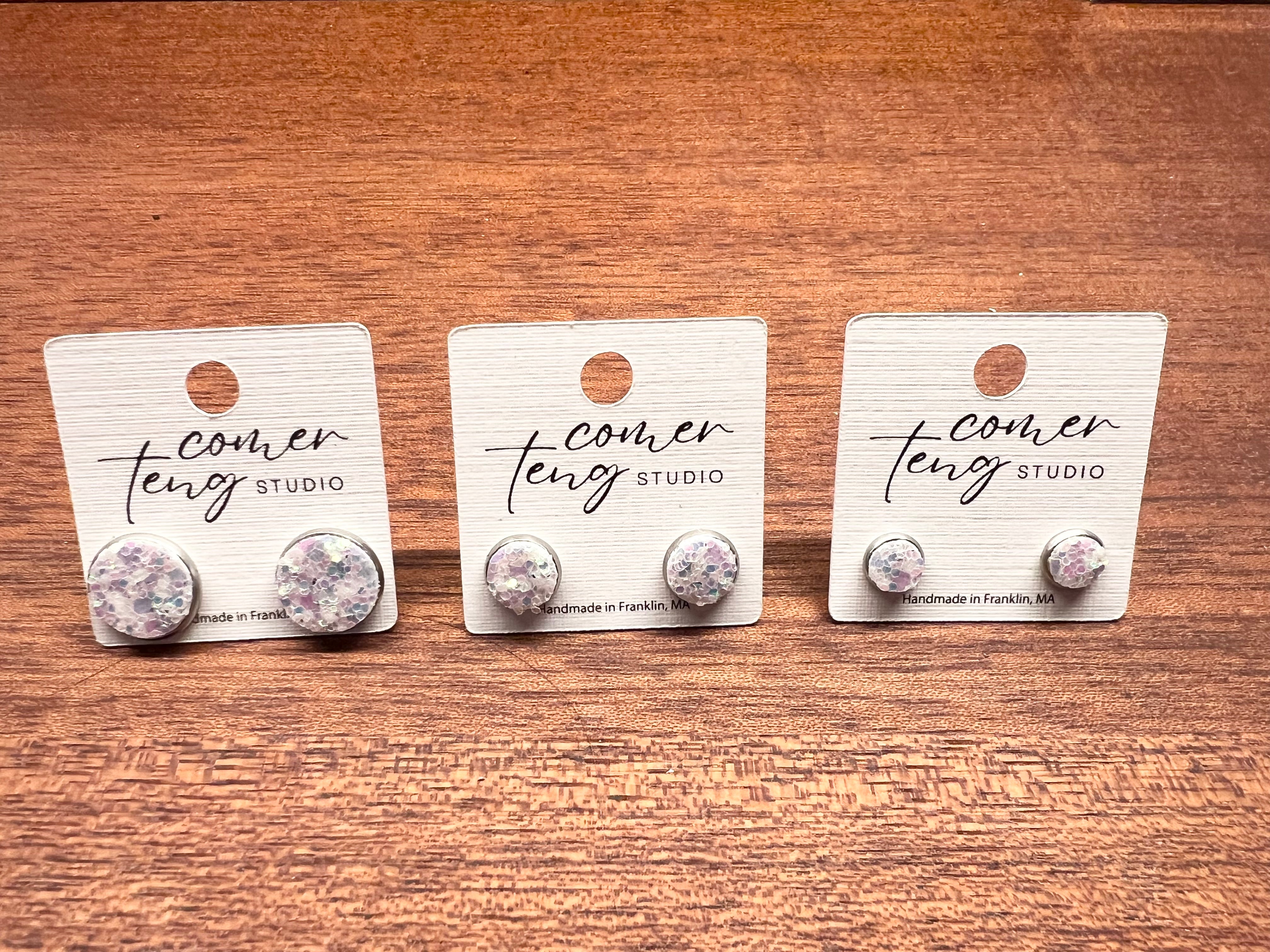 White Sparkle Stud Earrings-Three Sizes