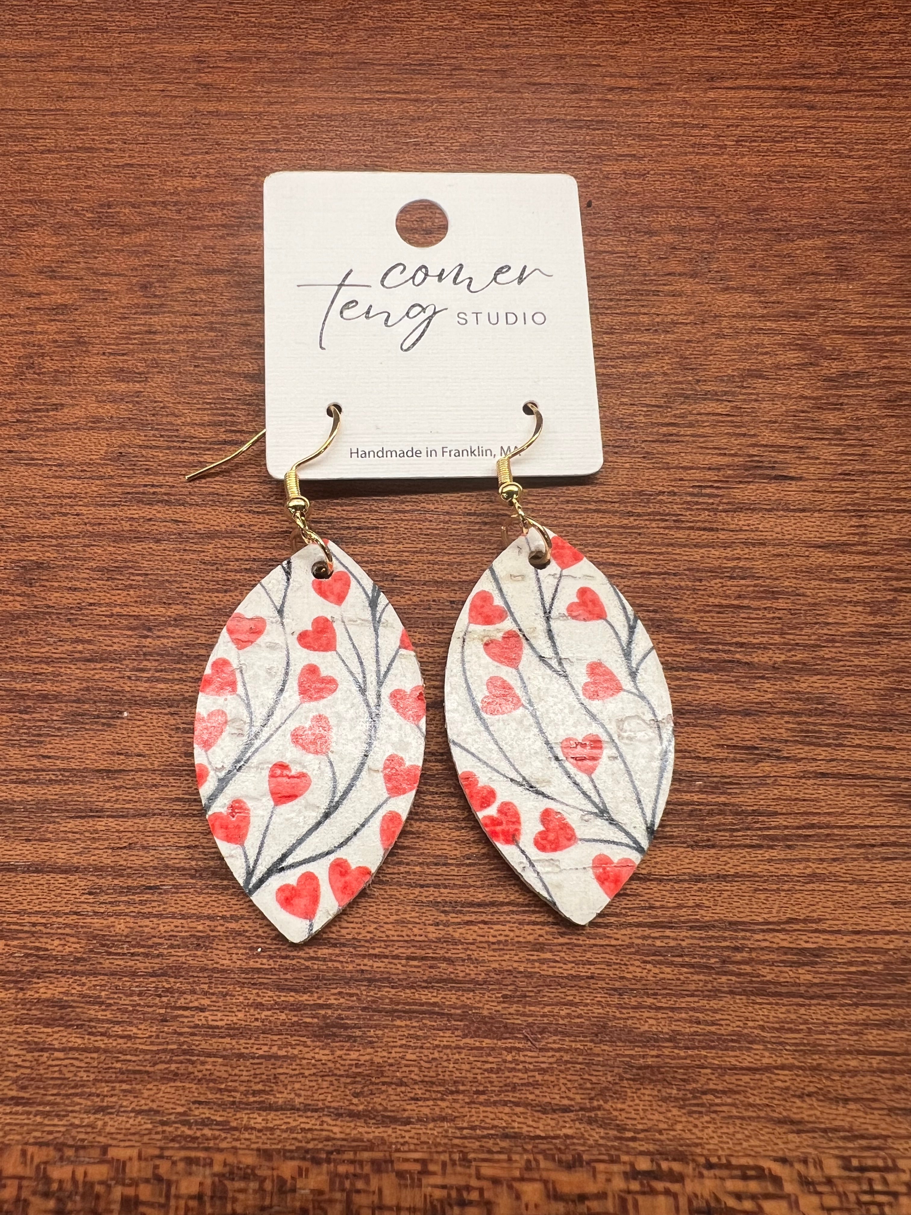 Mini Leaf Heart Tree Cork Earrings