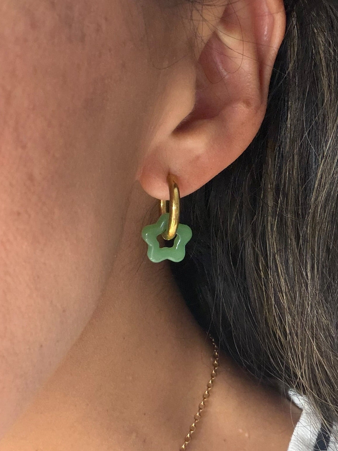 Jade-Inspired Glass Flower Charm Hoops
