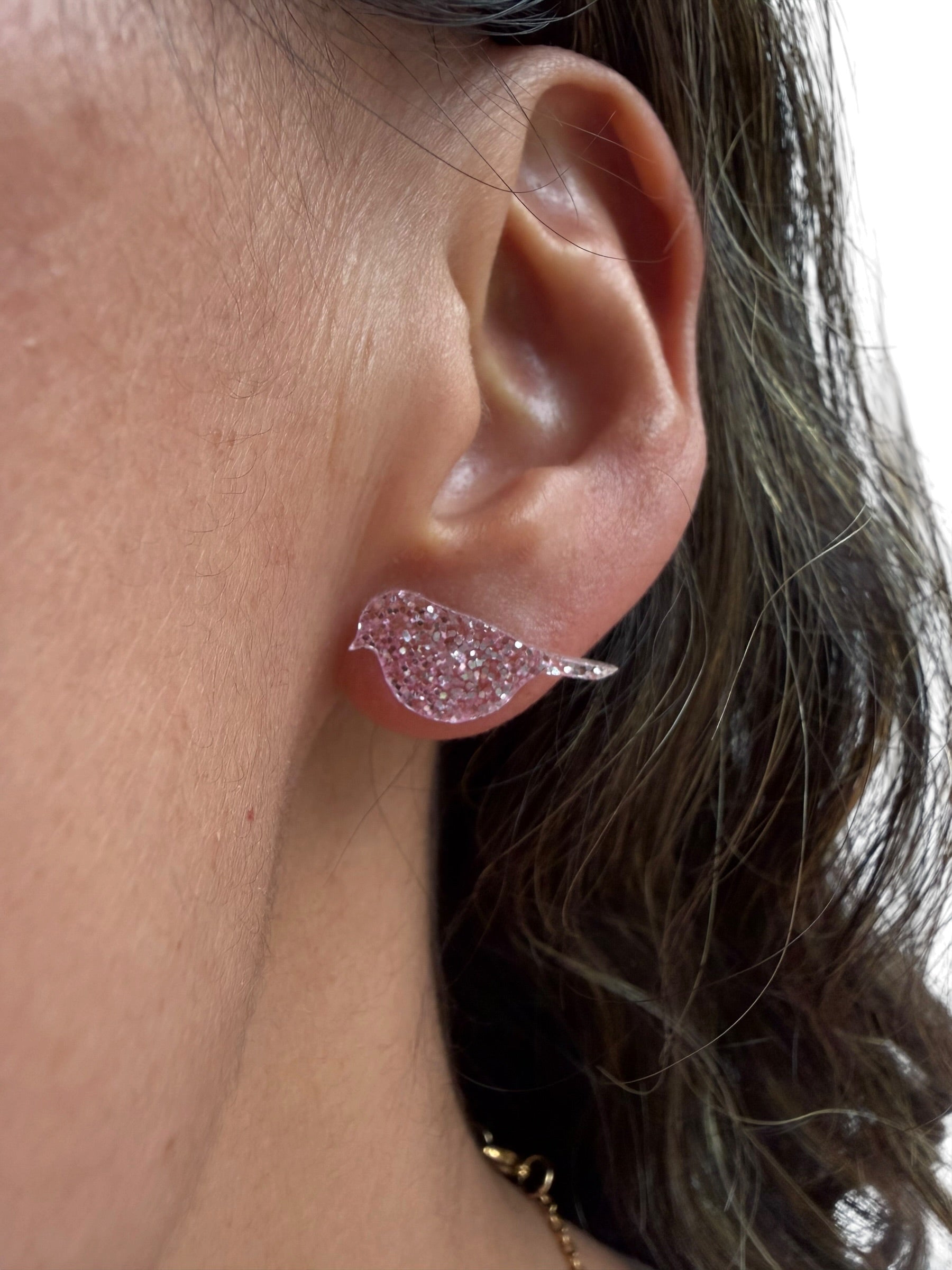 Pink Sparkle Bird Stud Earrings