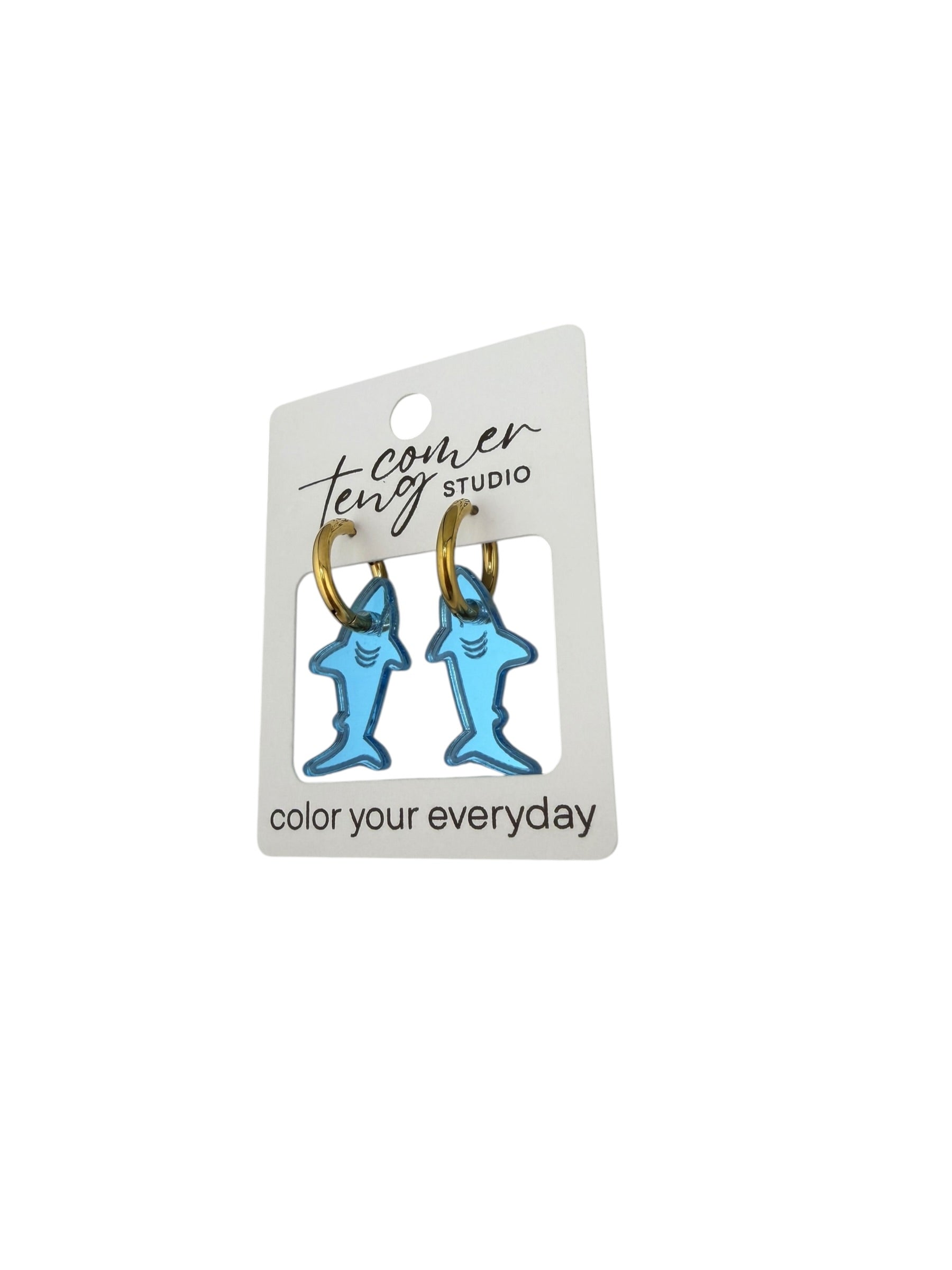 Blue Shark Charm Hoop Earrings