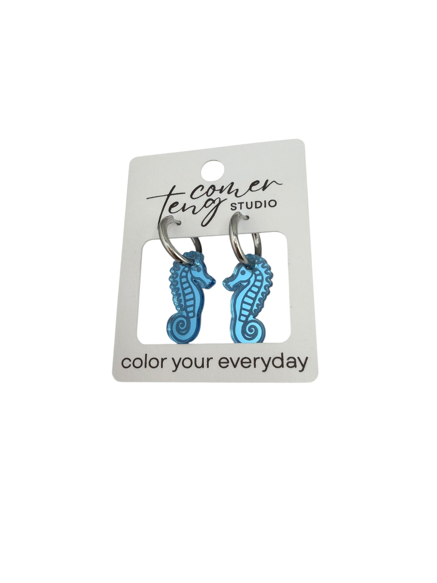 Blue Seahorse Charm Hoop Earrings