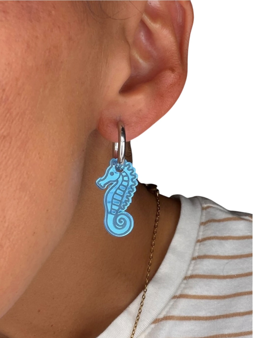 Blue Seahorse Charm Hoop Earrings