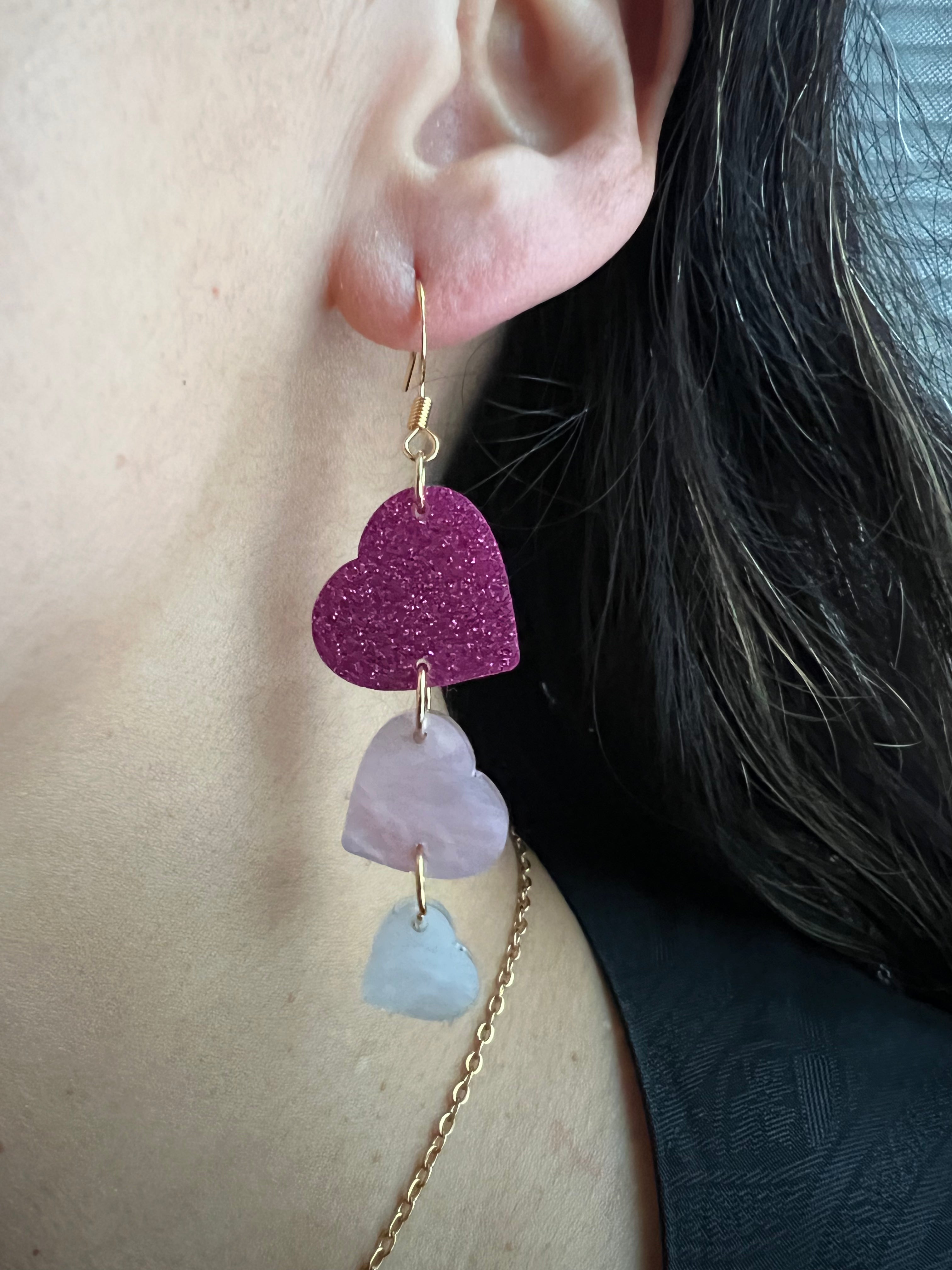Acrylic Heart Trio Earrings – Sparkle Fuchsia, Pearly Sparkle Pink & Pearly Sparkle White