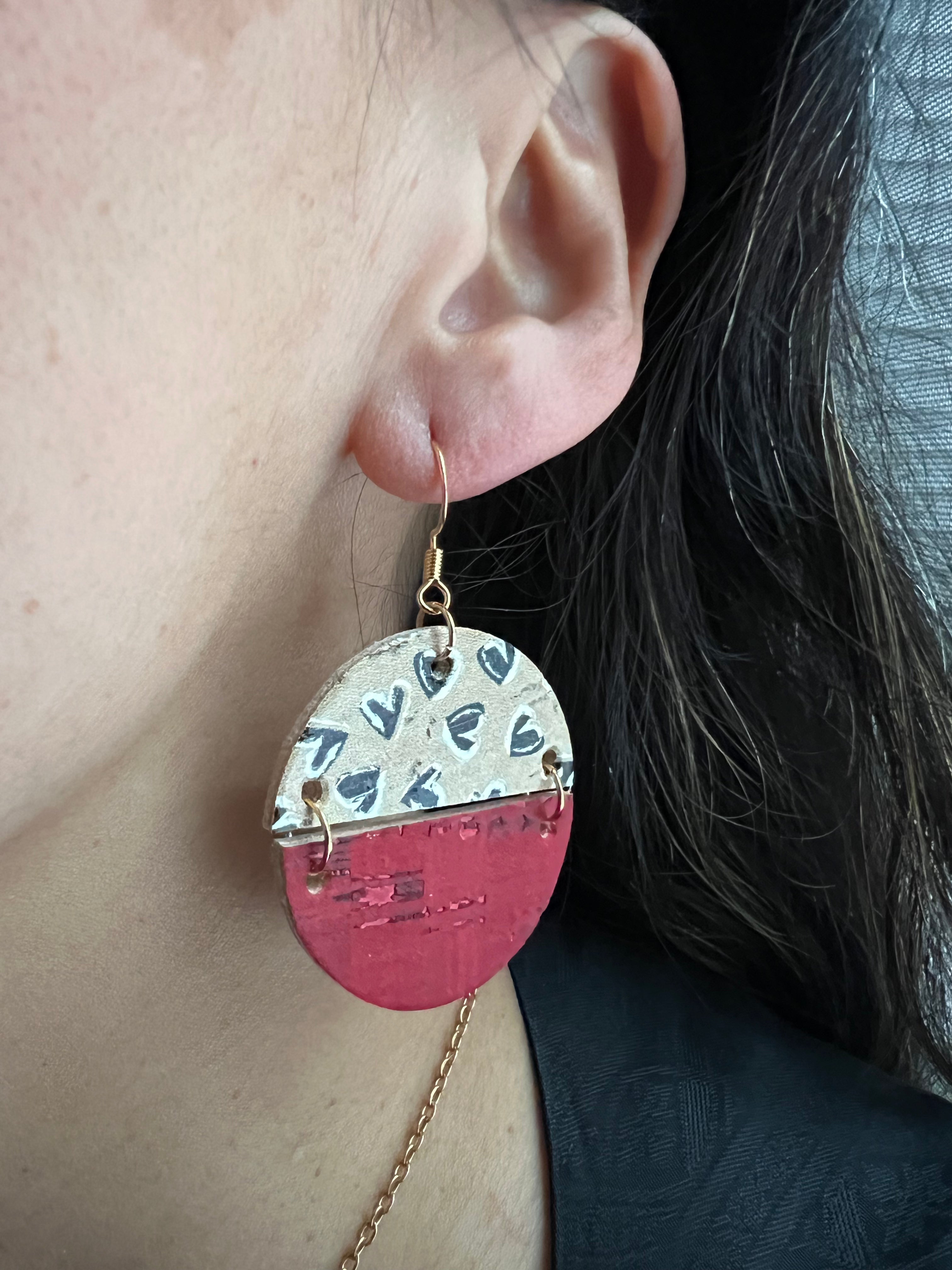 Black Cherry Heart Earrings-Cork Half-Circle Heart Earrings