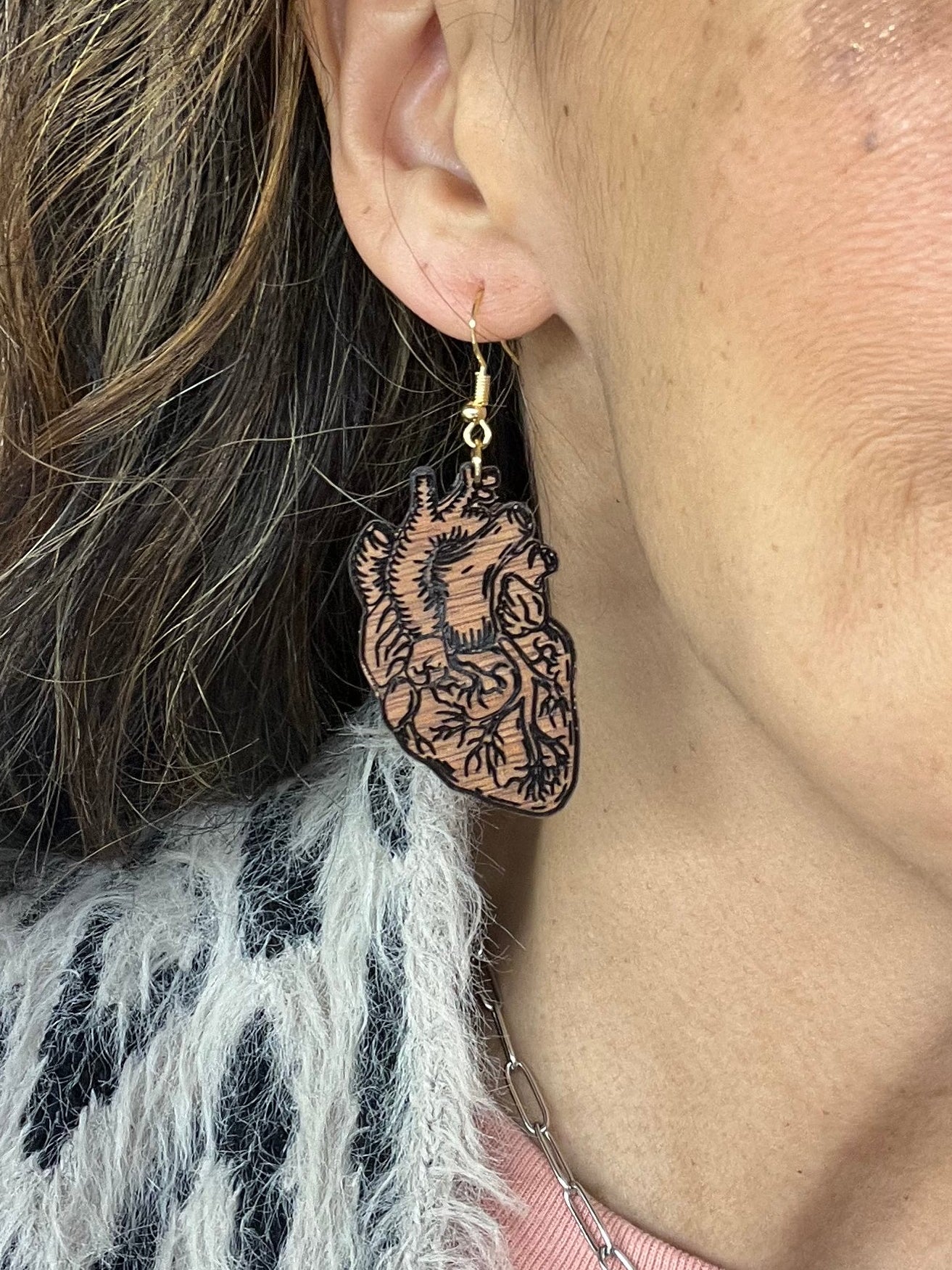 Wood Anatomical Heart Earrings