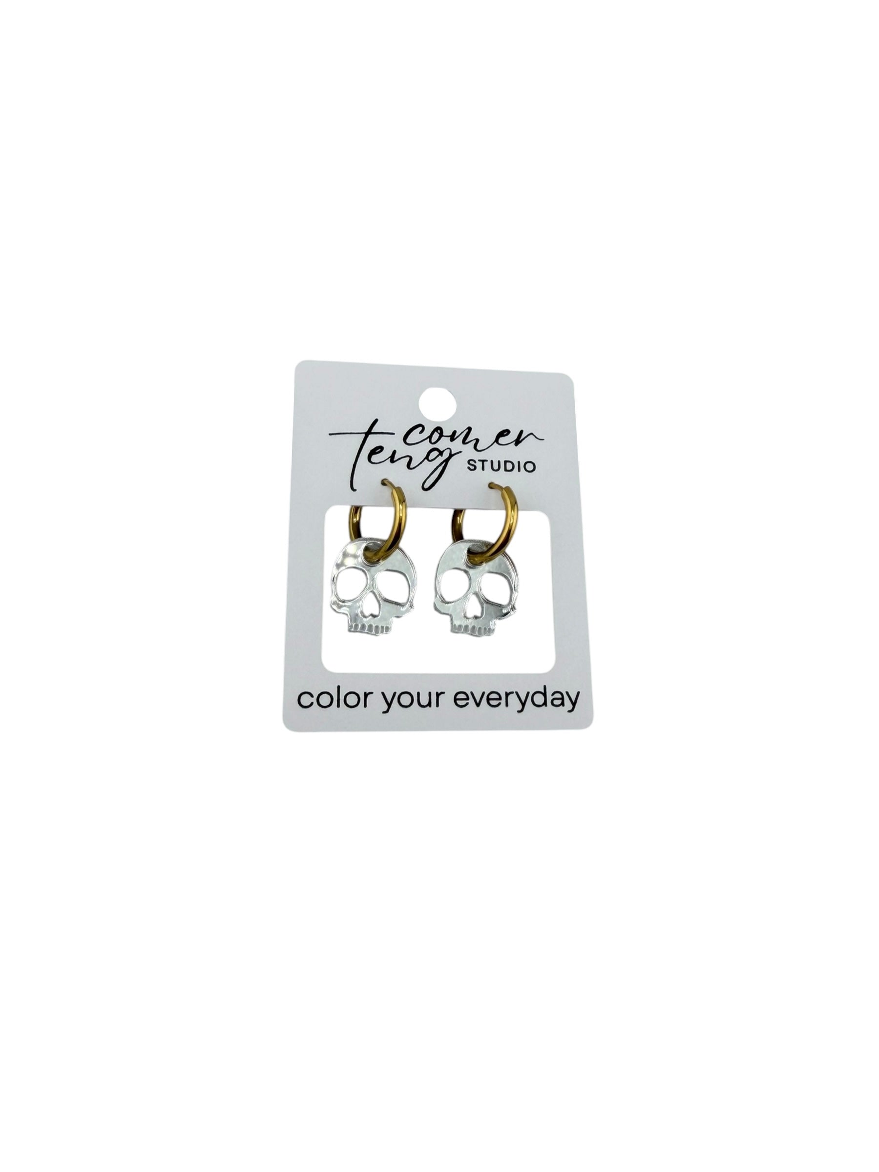 Silver Shimmer Skull Charm Hoop Earrings