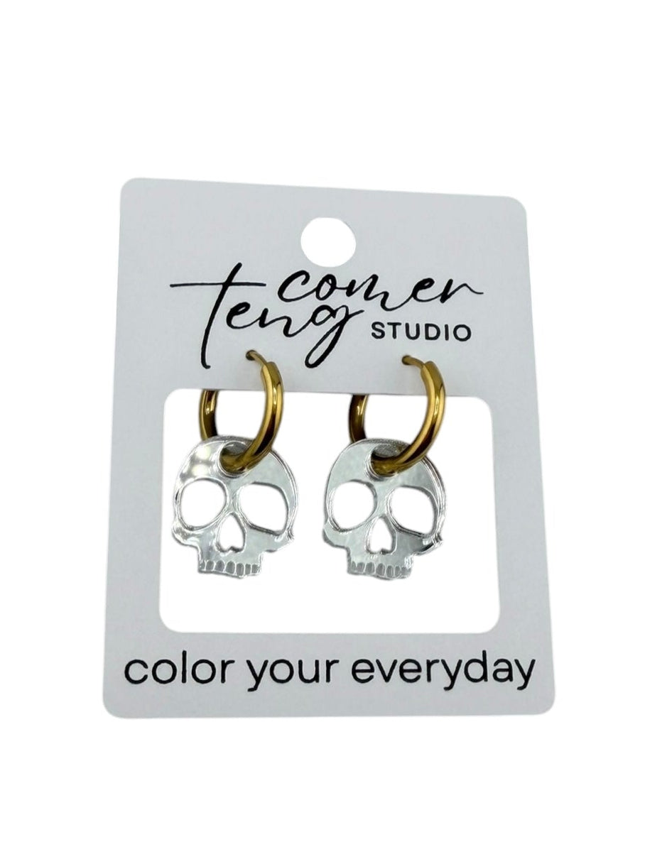 Silver Shimmer Skull Charm Hoop Earrings | Interchangeable Halloween Earrings