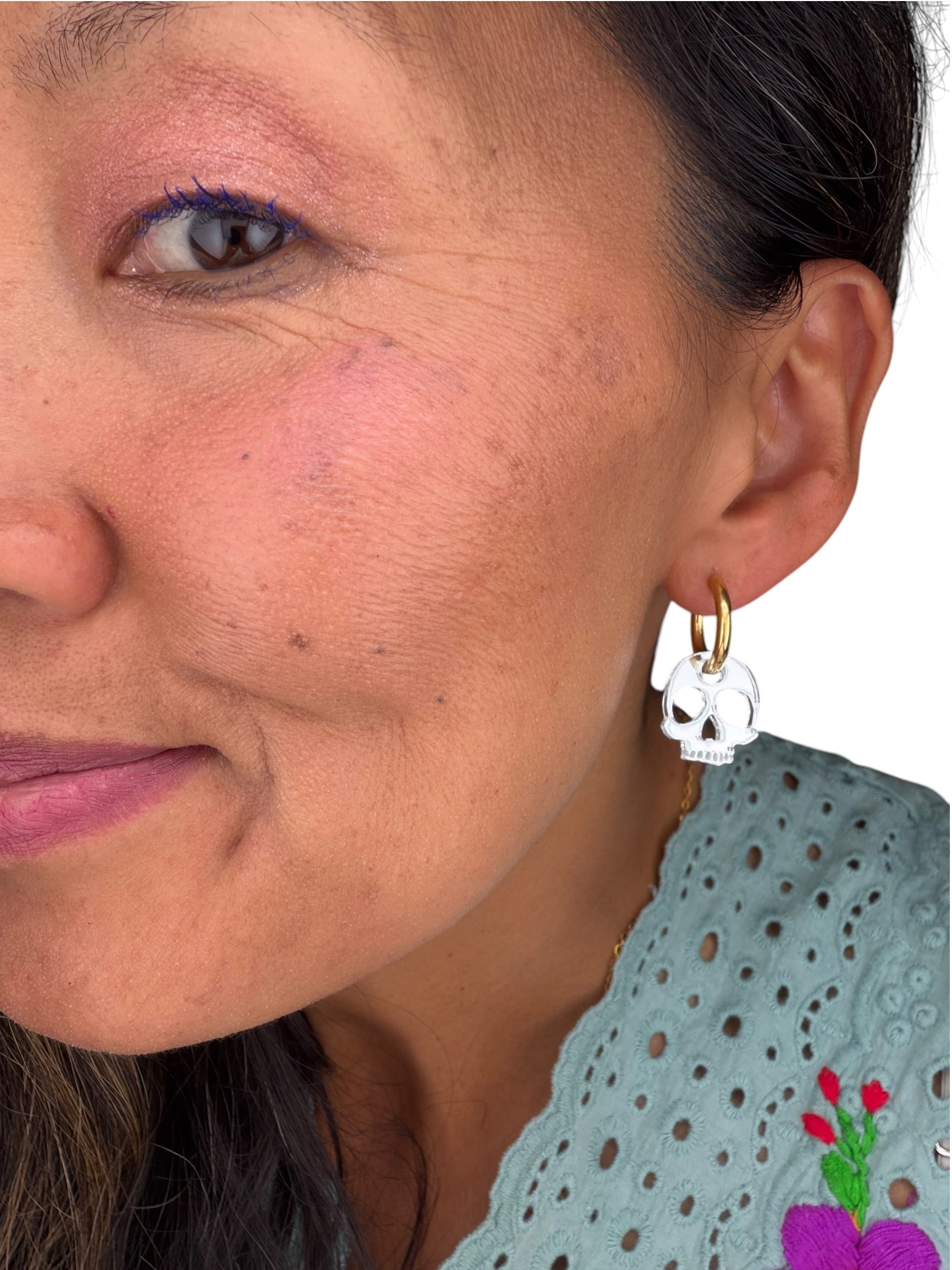 Silver Shimmer Skull Charm Hoop Earrings