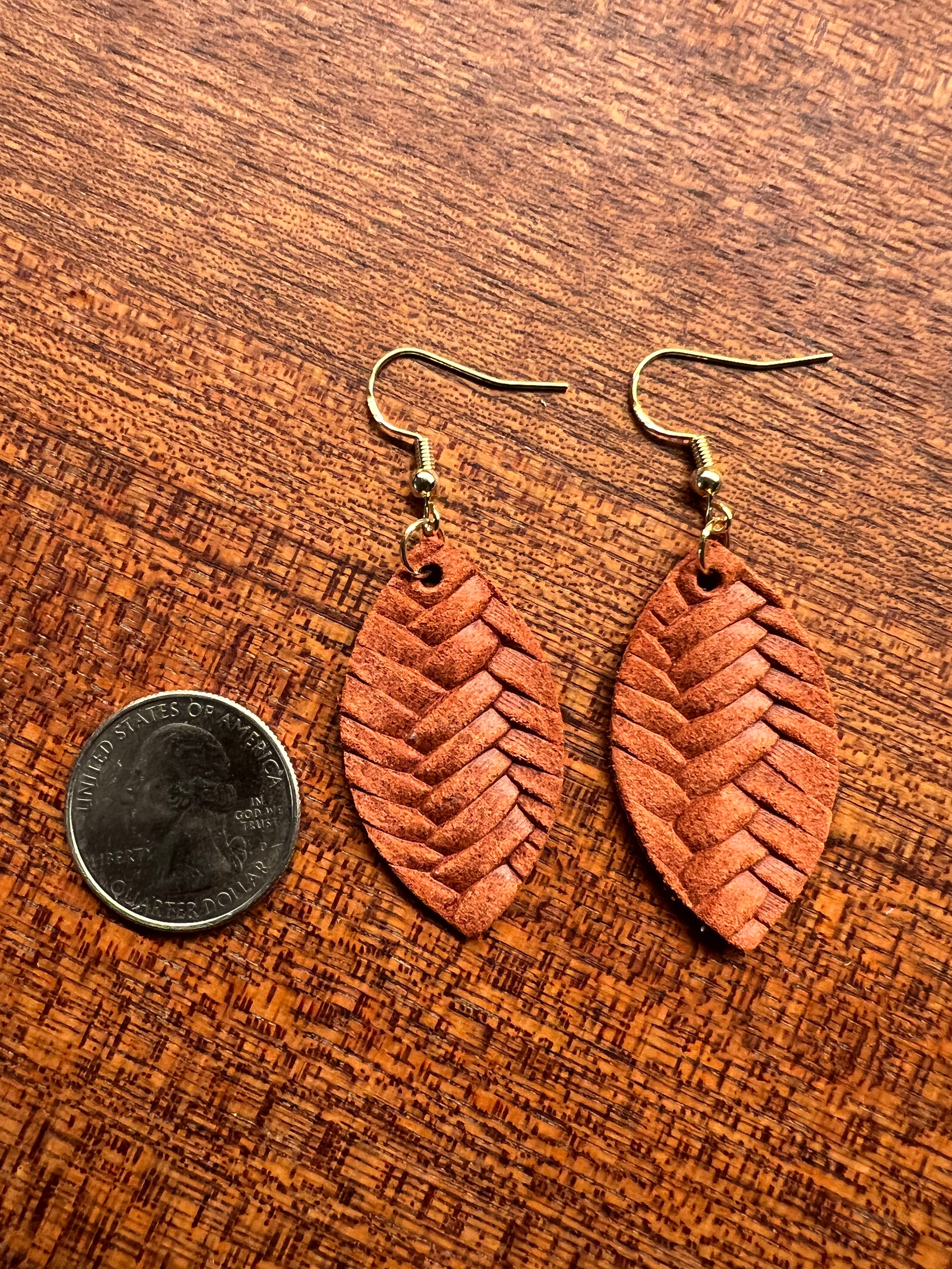 Rust Leather Fishtail Mini Leaf Earrings