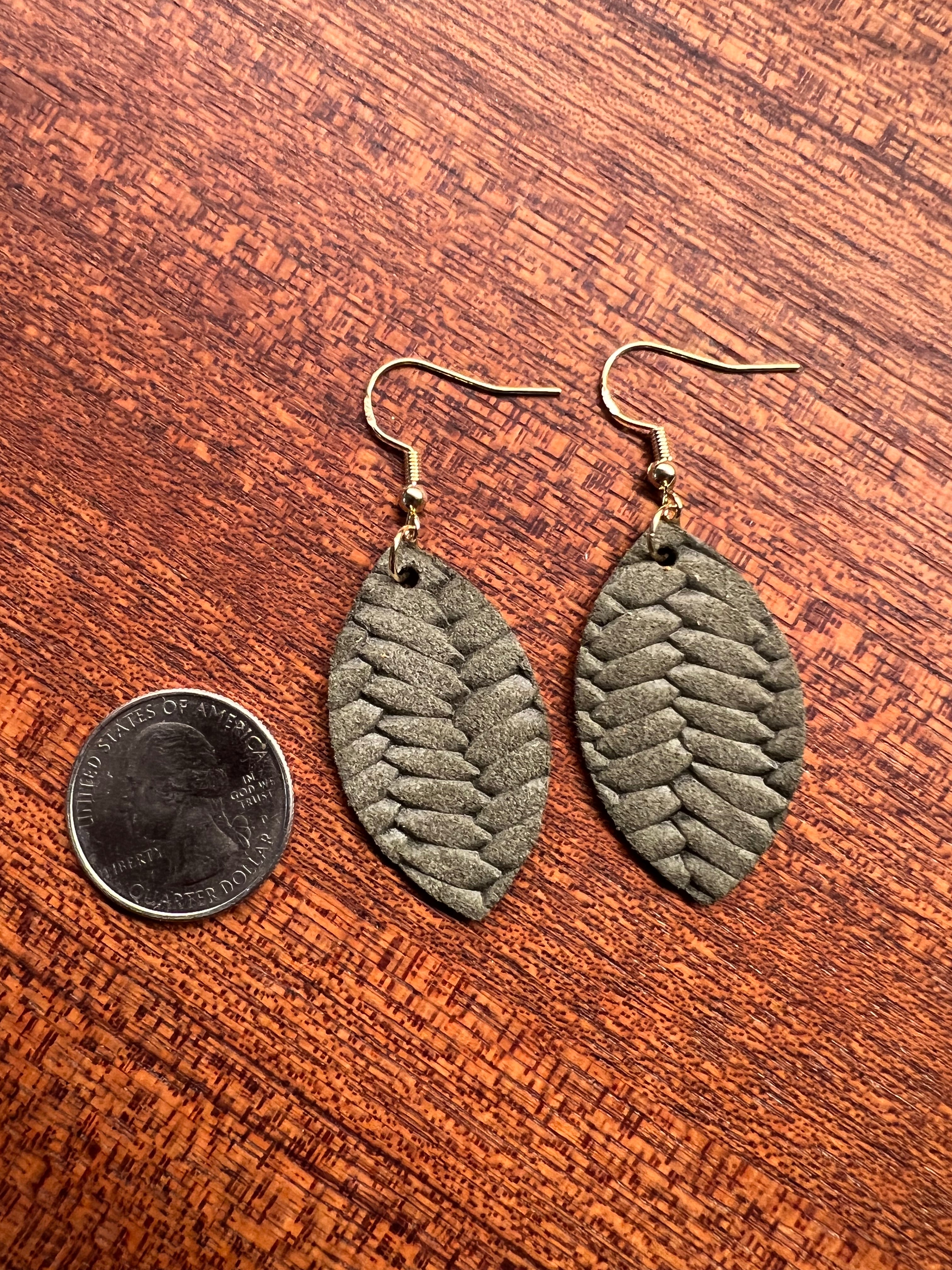 Olive Leather Fishtail Mini Leaf Earrings
