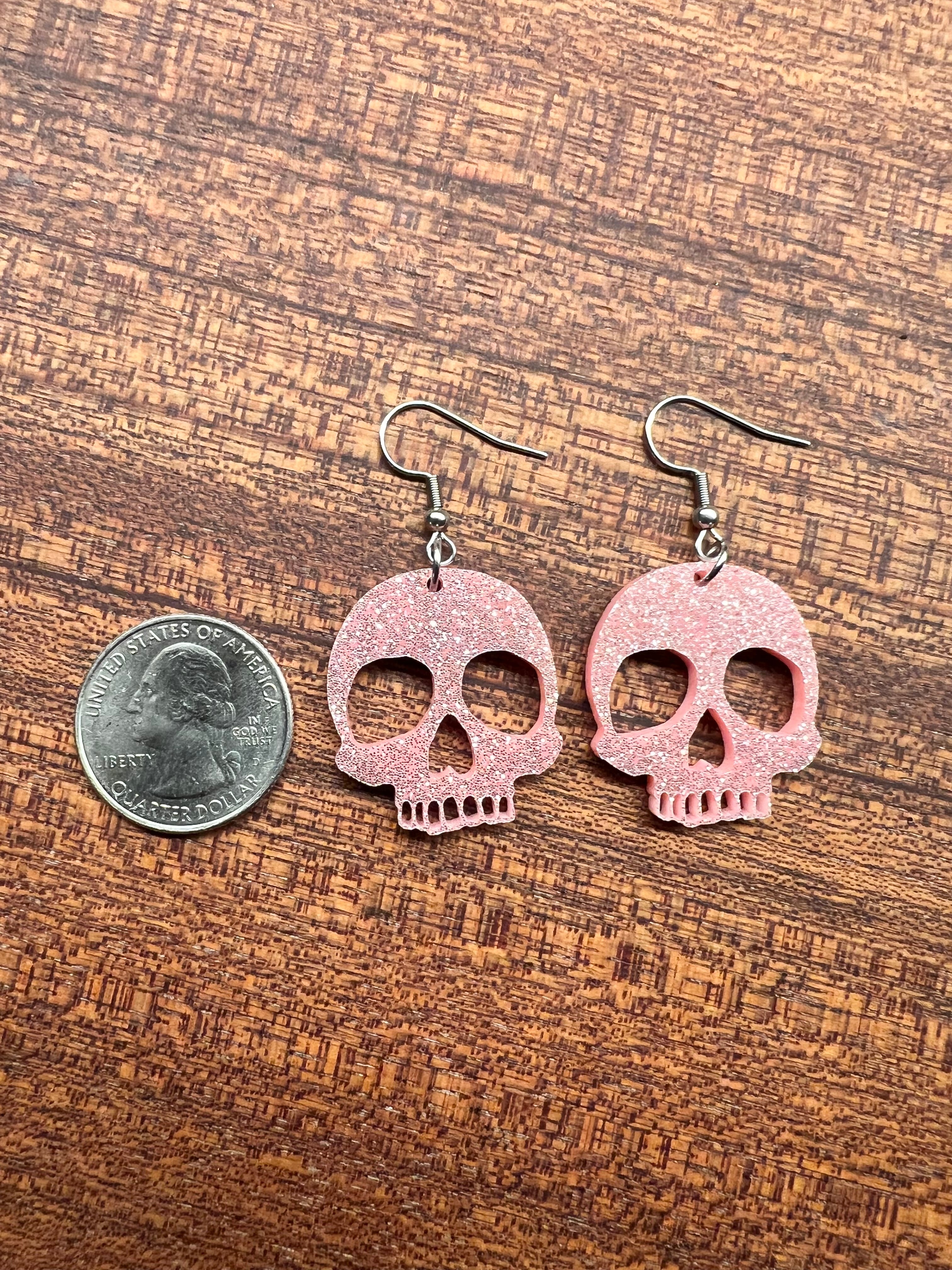 Mini Acrylic Pink Sparkle Skull Earrings