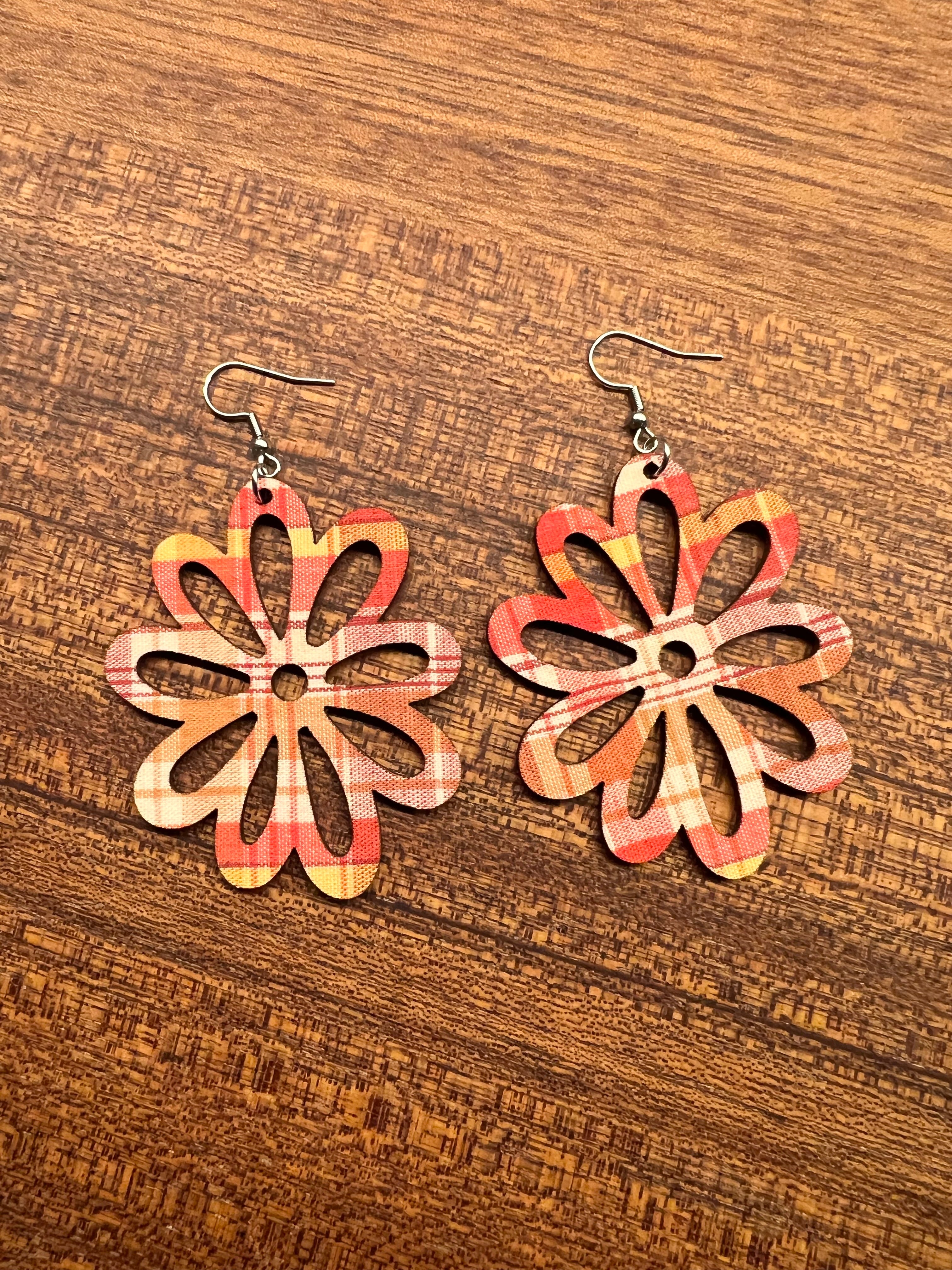 Upcycled Fall Plaid Flower Earrings