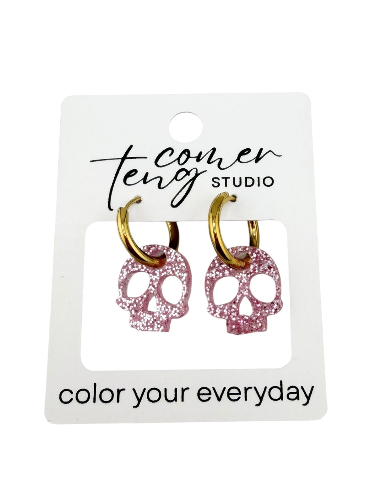 Pink Shimmer Skull Charm Hoop Earrings | Interchangeable Halloween Earrings