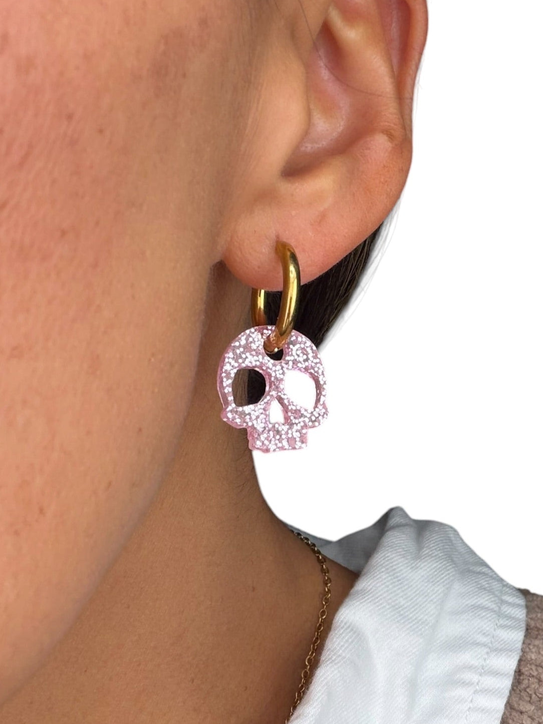 Pink Shimmer Skull Charm Hoop Earrings | Interchangeable Halloween Earrings