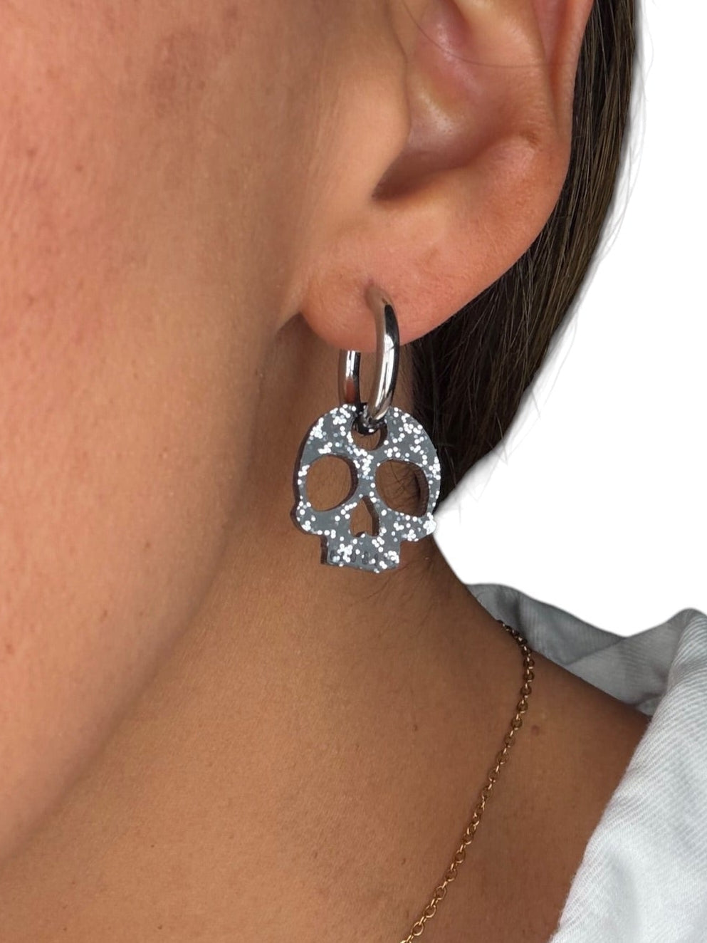 Black Sparkle Skull Charm Hoop Earrings | Interchangeable Halloween Earrings