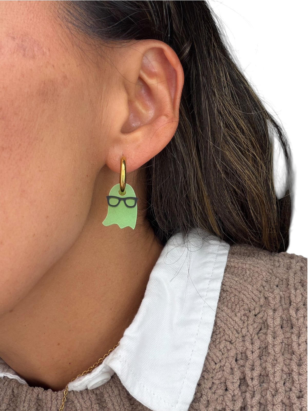 Glow-in-the-Dark Ghosts with Glasses Charm Hoop Earrings | Interchangeable Halloween Earrings