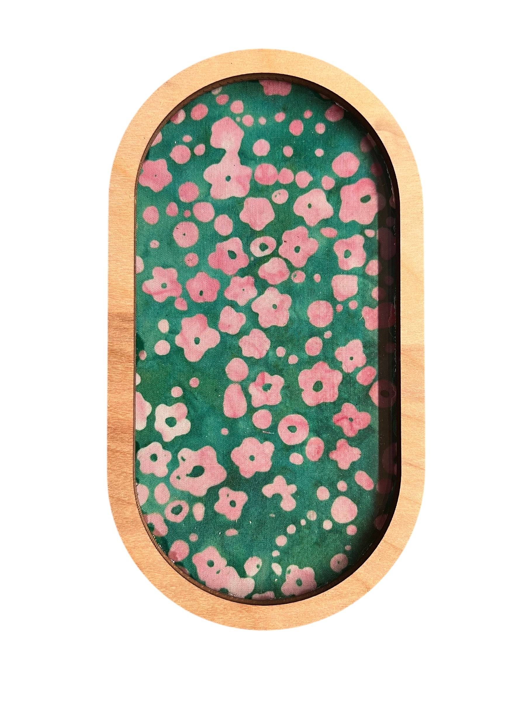 Rectangular wooden frame with pink floral pattern on a green background