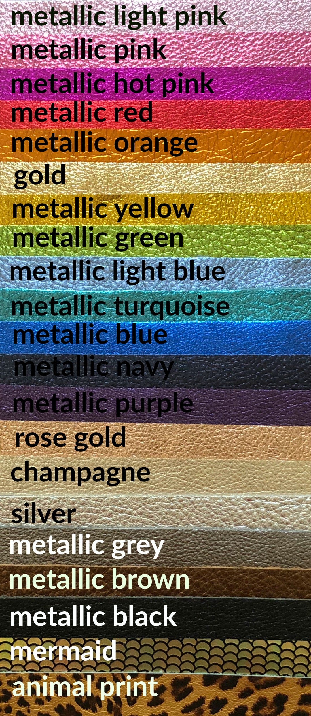 Color swatches of metallic and animal print textures.