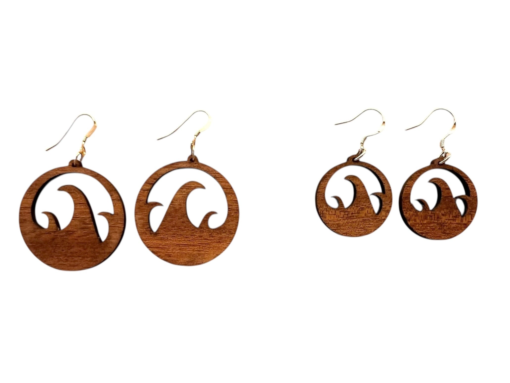 Wooden earrings with circular design on a white background