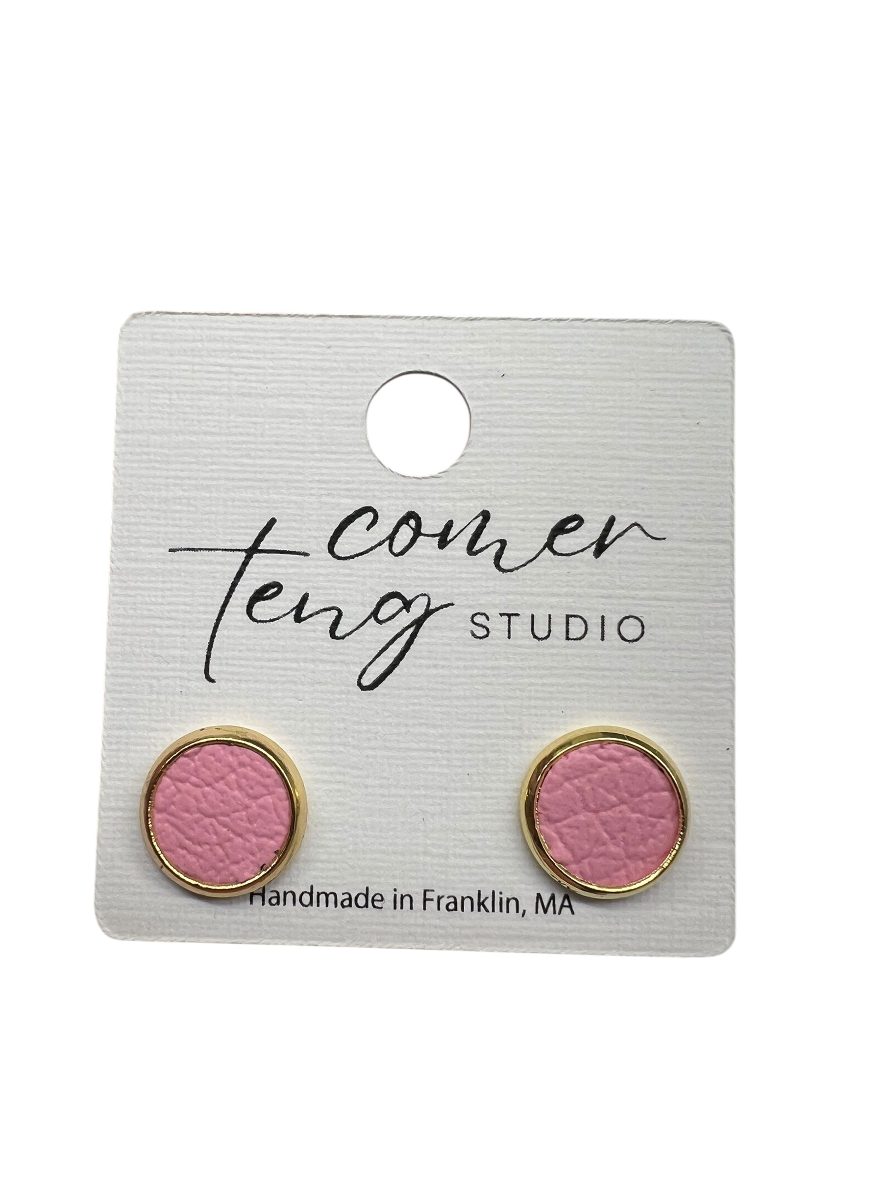 Pink Faux Leather Gold Stud Earrings