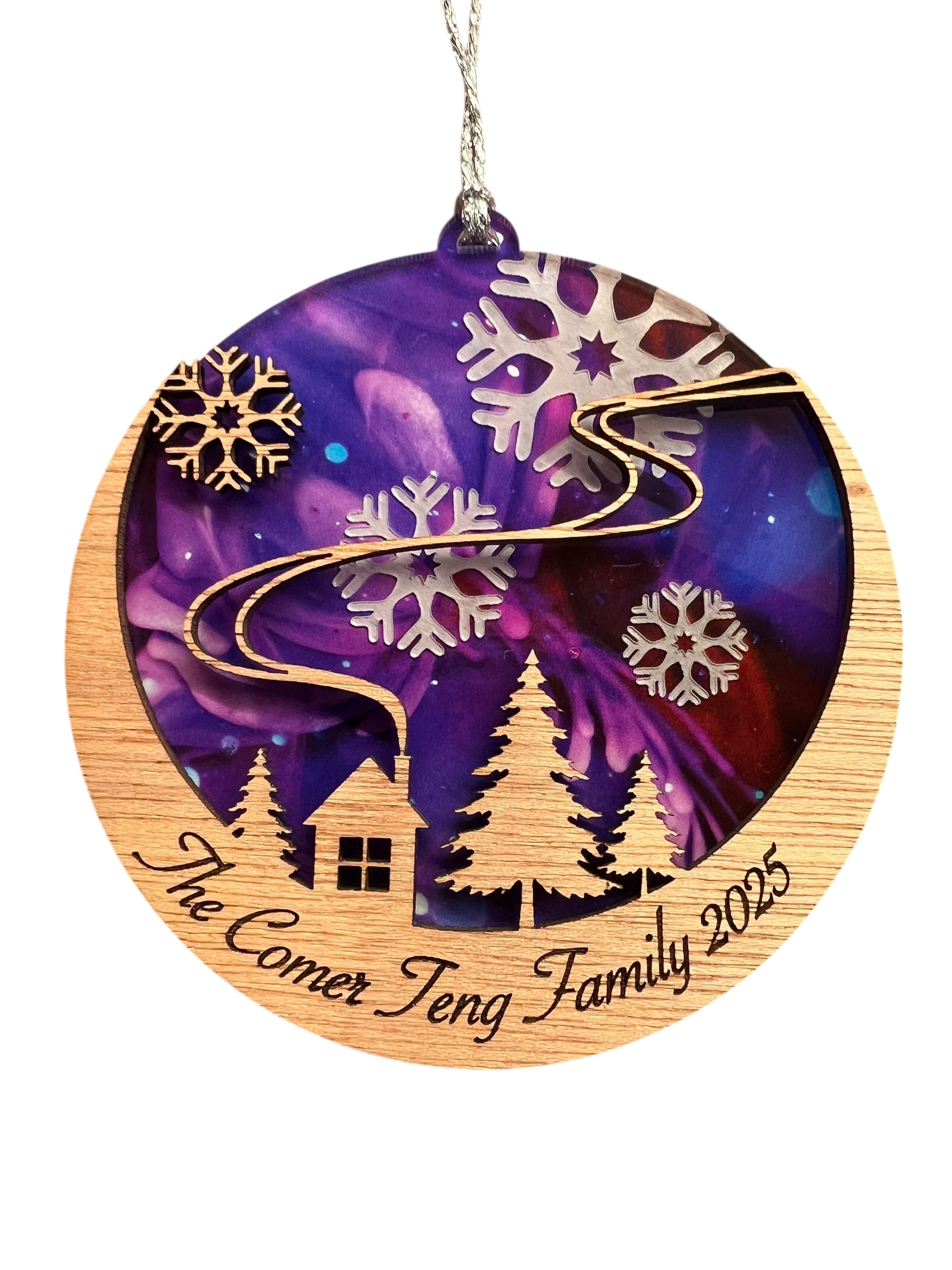 🏡 Personalized Cozy Cabin in the Pines Ornament – Galaxy Edition 🌌