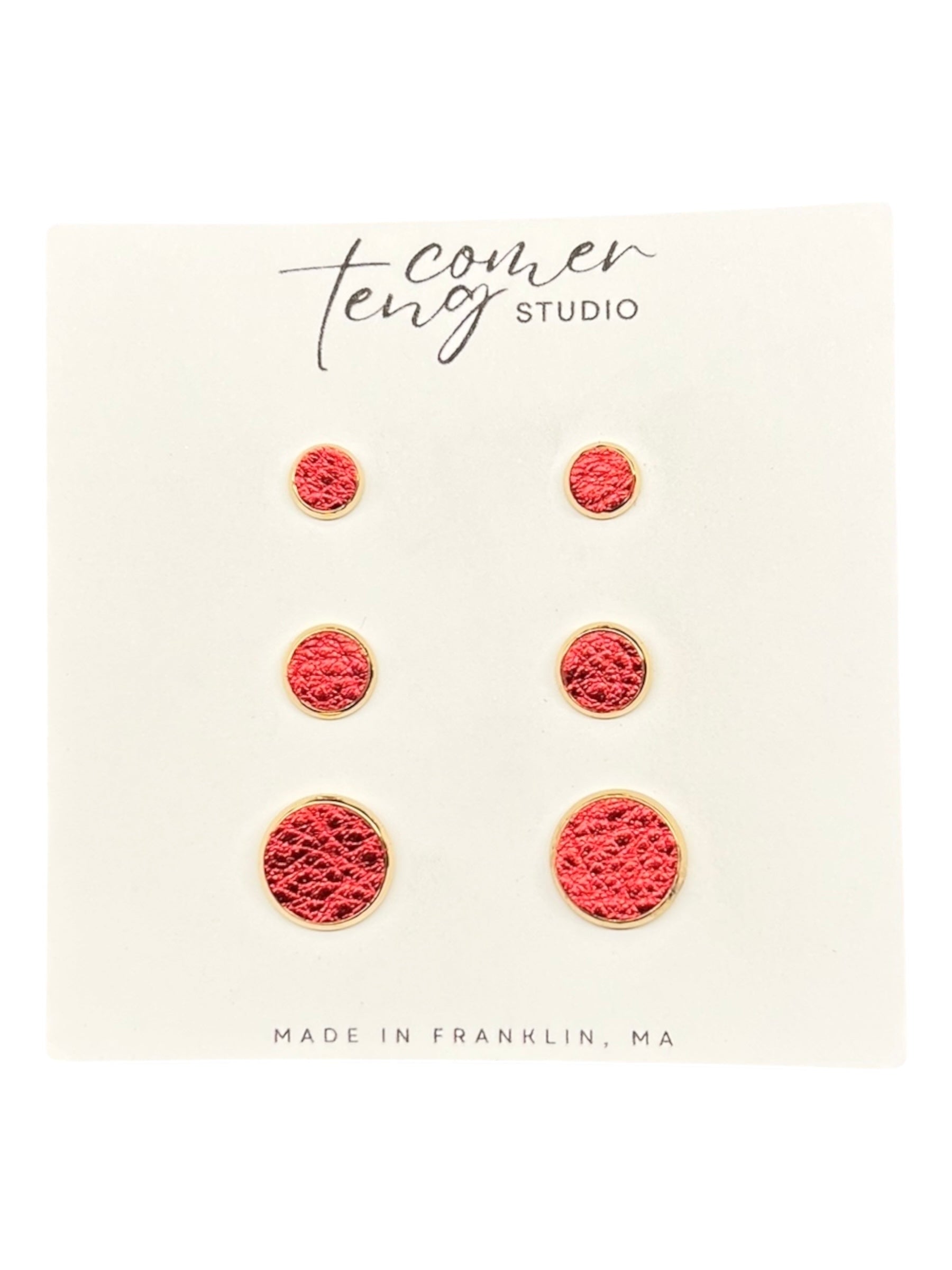Metallic Red Leather Stud Earrings