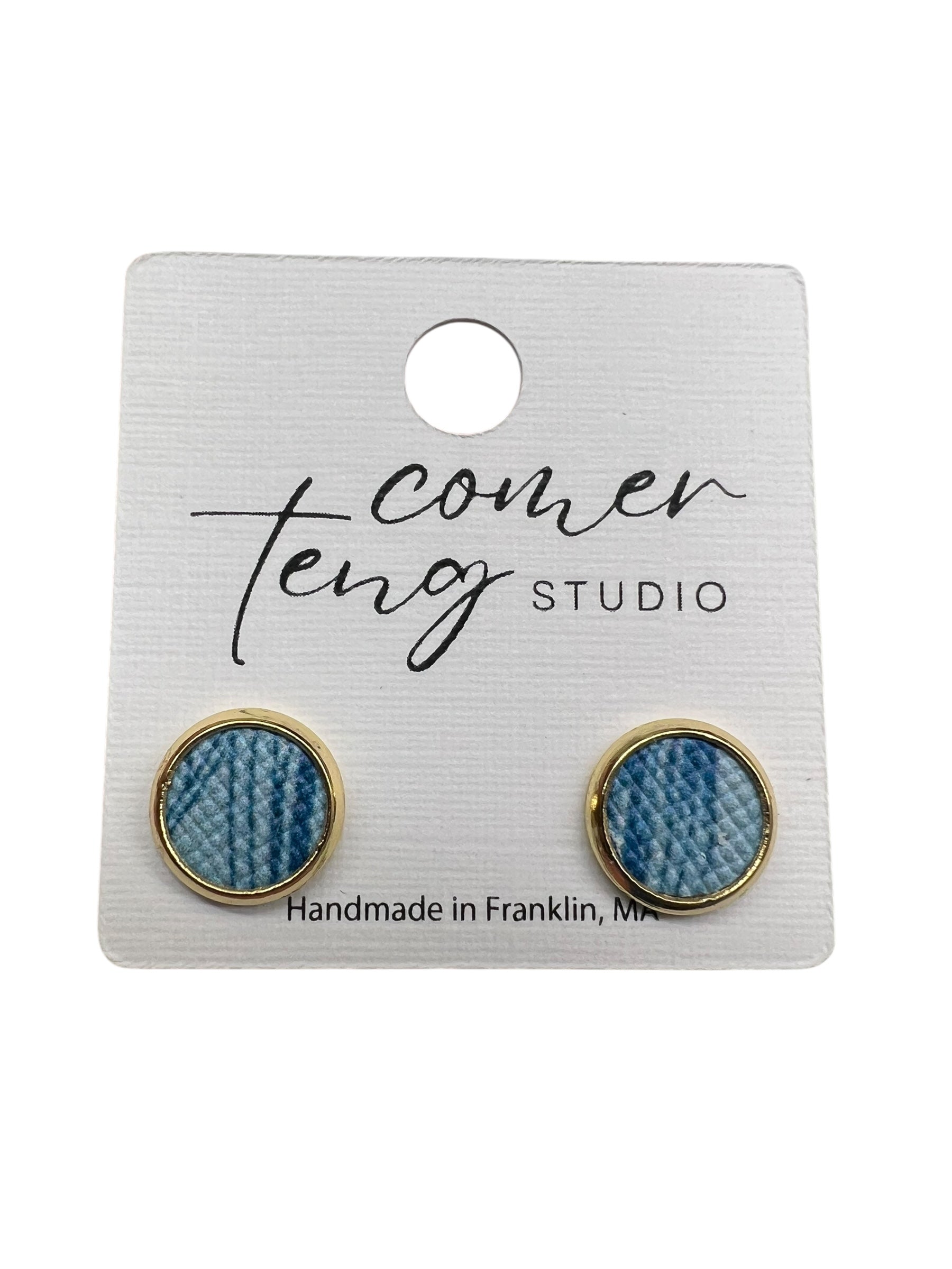Blue Striped Faux Leather Gold Stud Earrings