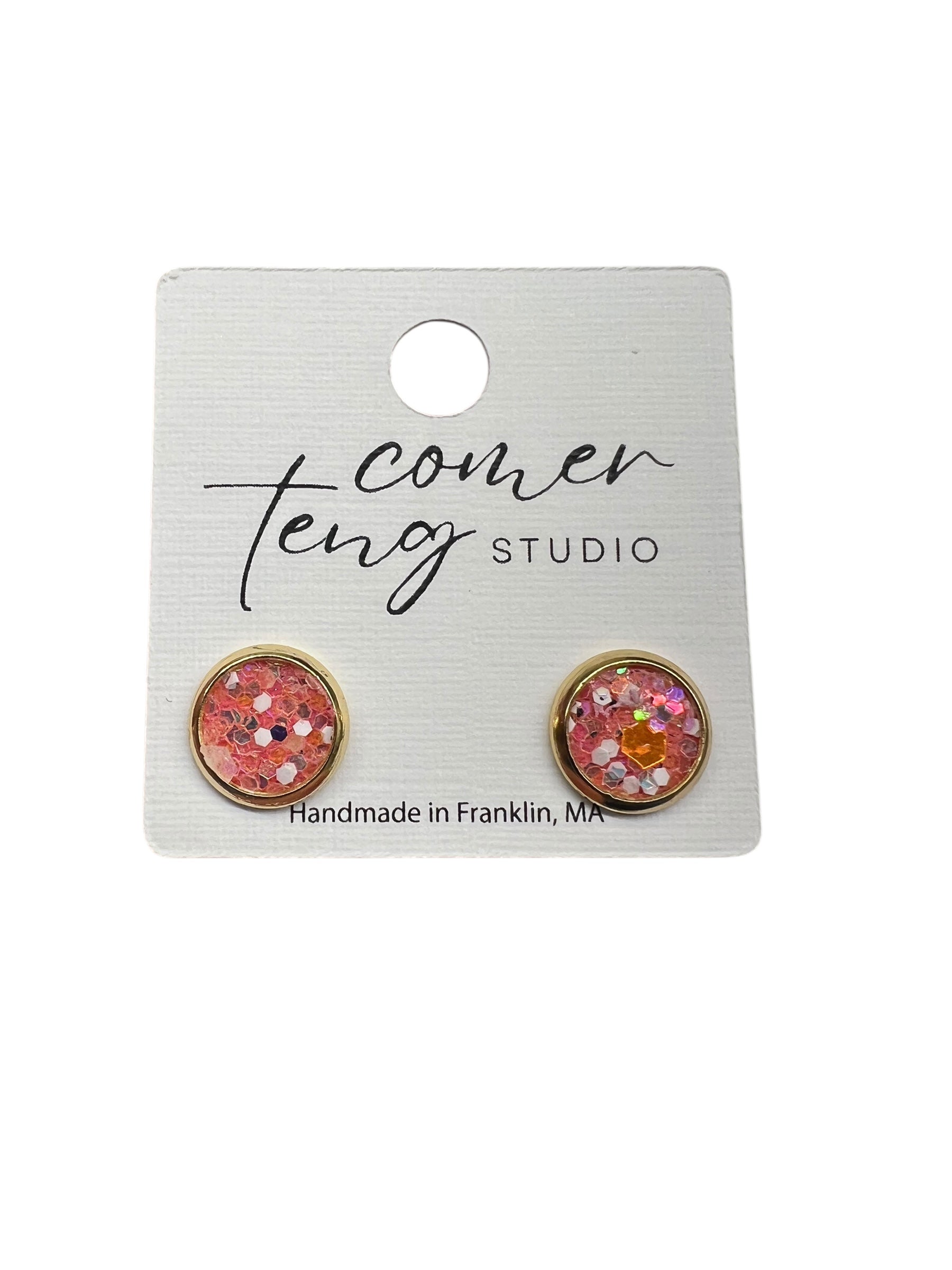 Pink Sparkle Faux Leather Gold Stud Earrings