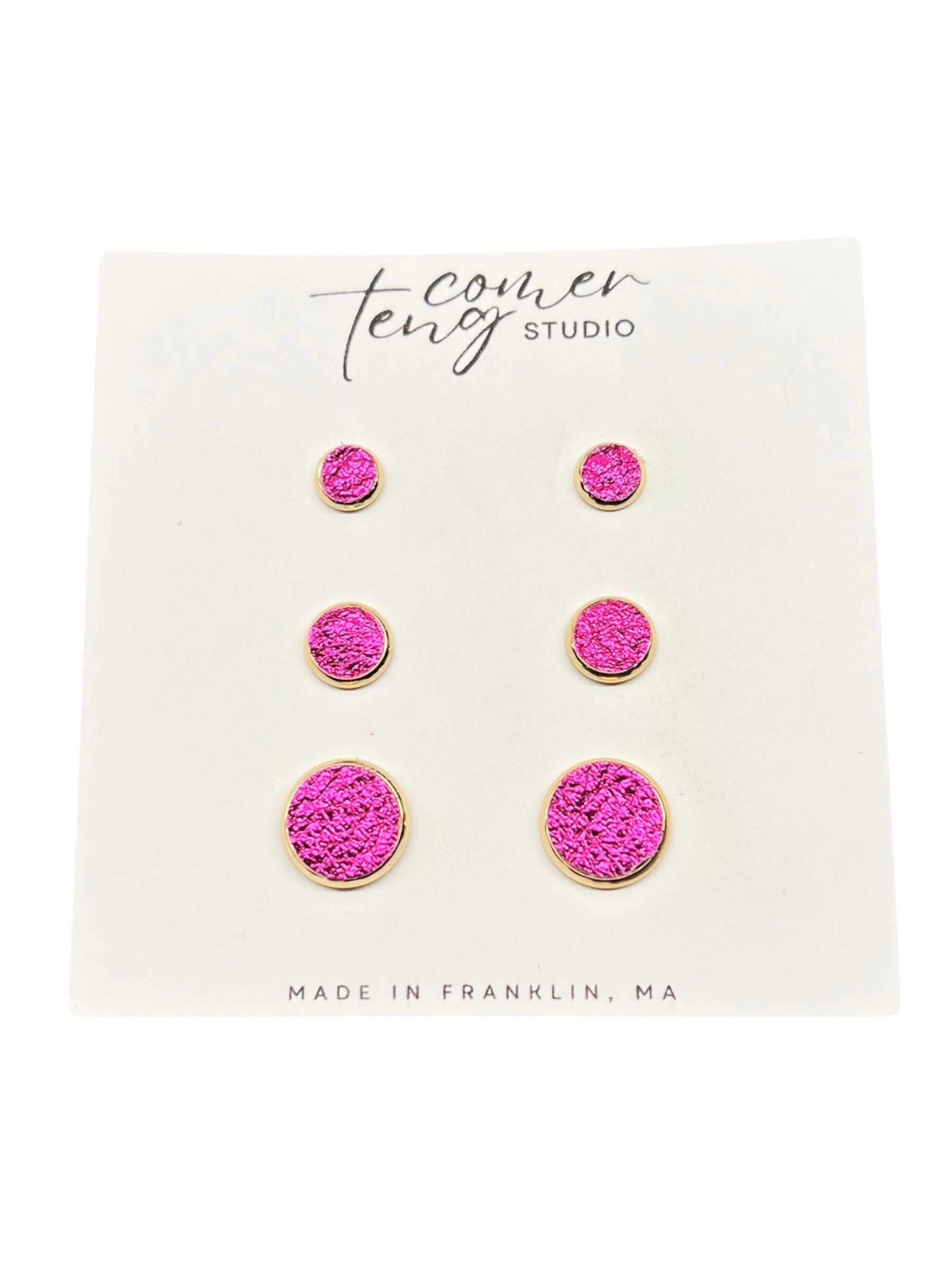 Metallic Hot Pink Leather Stud Earrings