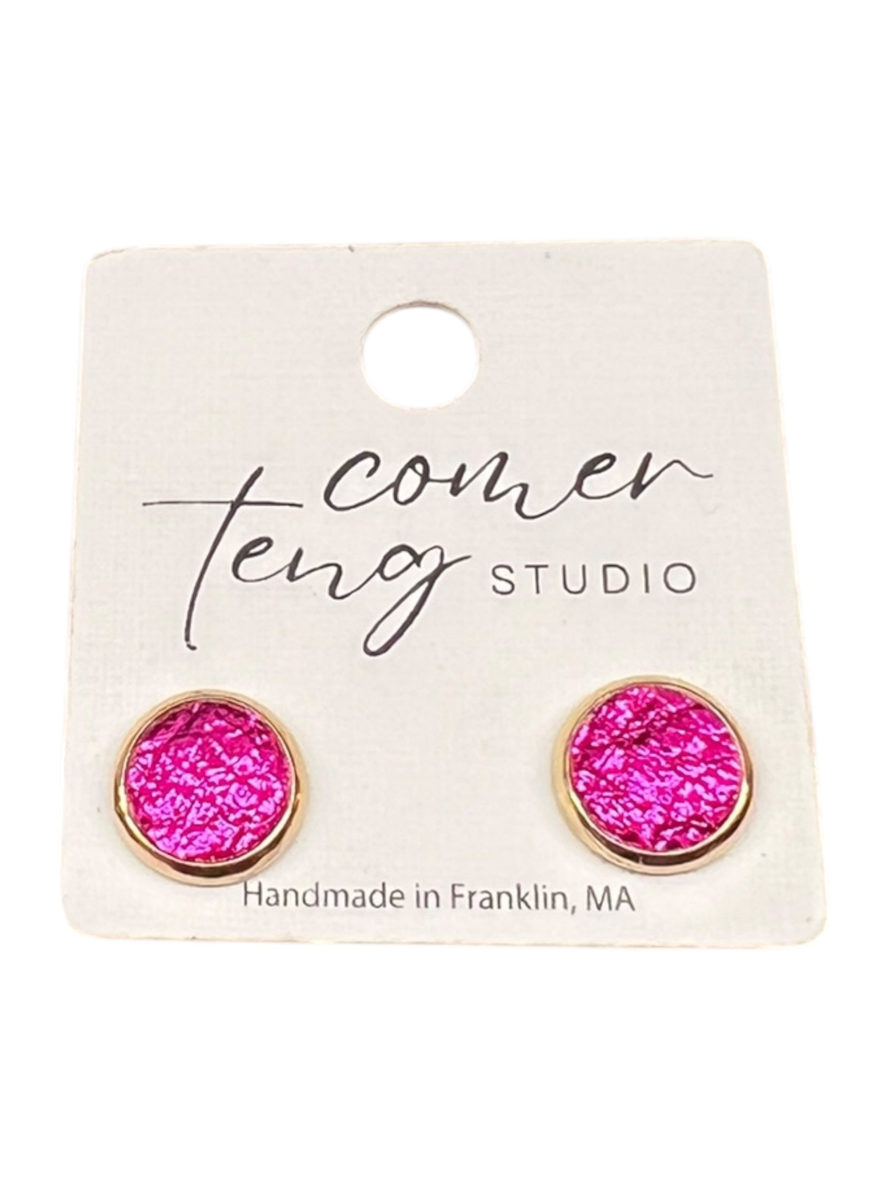 Metallic Hot Pink Leather Stud Earrings