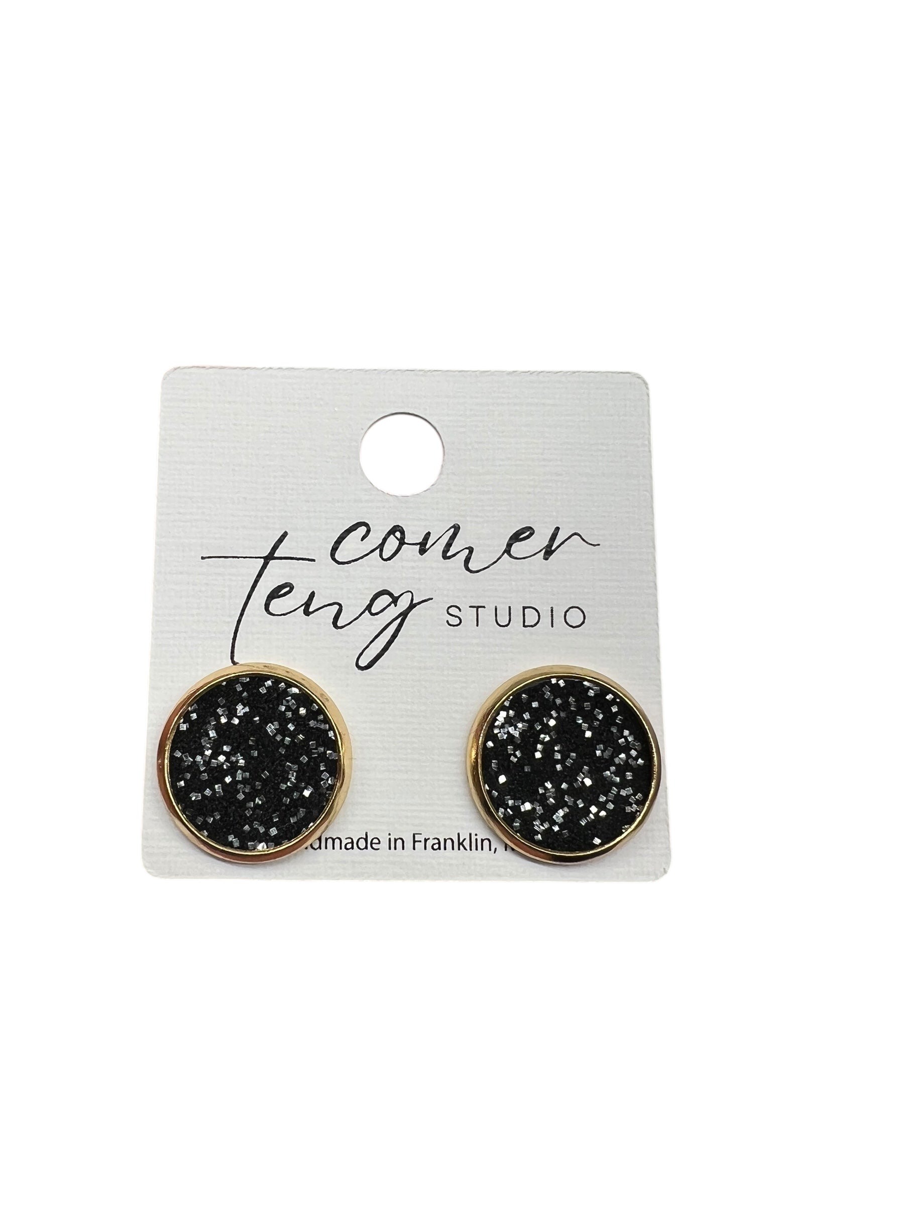 Black Sparkle Faux Leather Gold Stud Earrings
