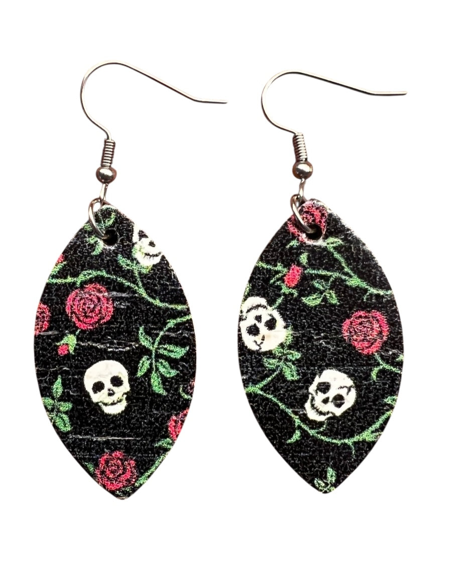 Skull and Rose Cork Mini Leaf Earrings