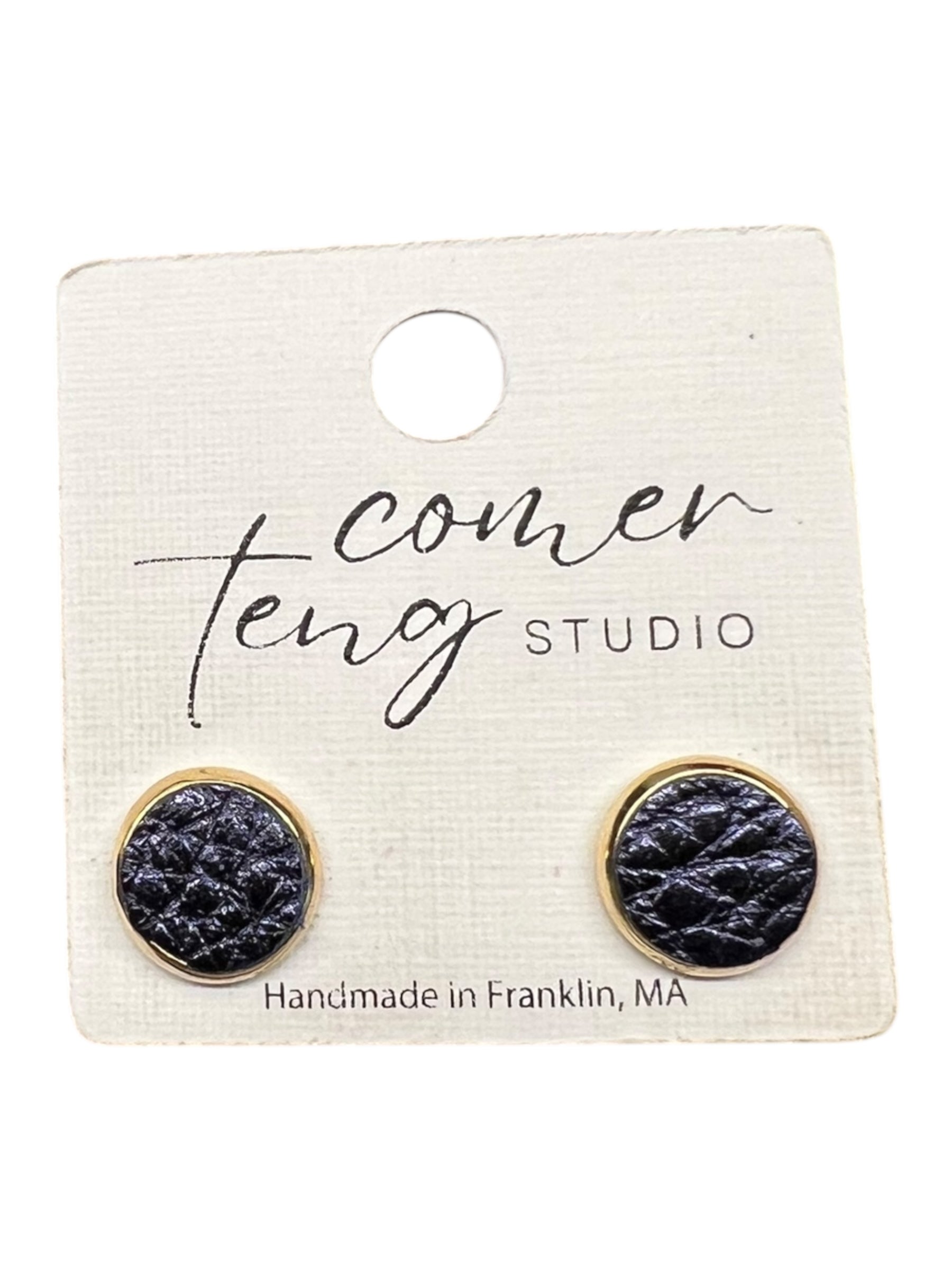 Metallic Navy Leather Stud Earrings