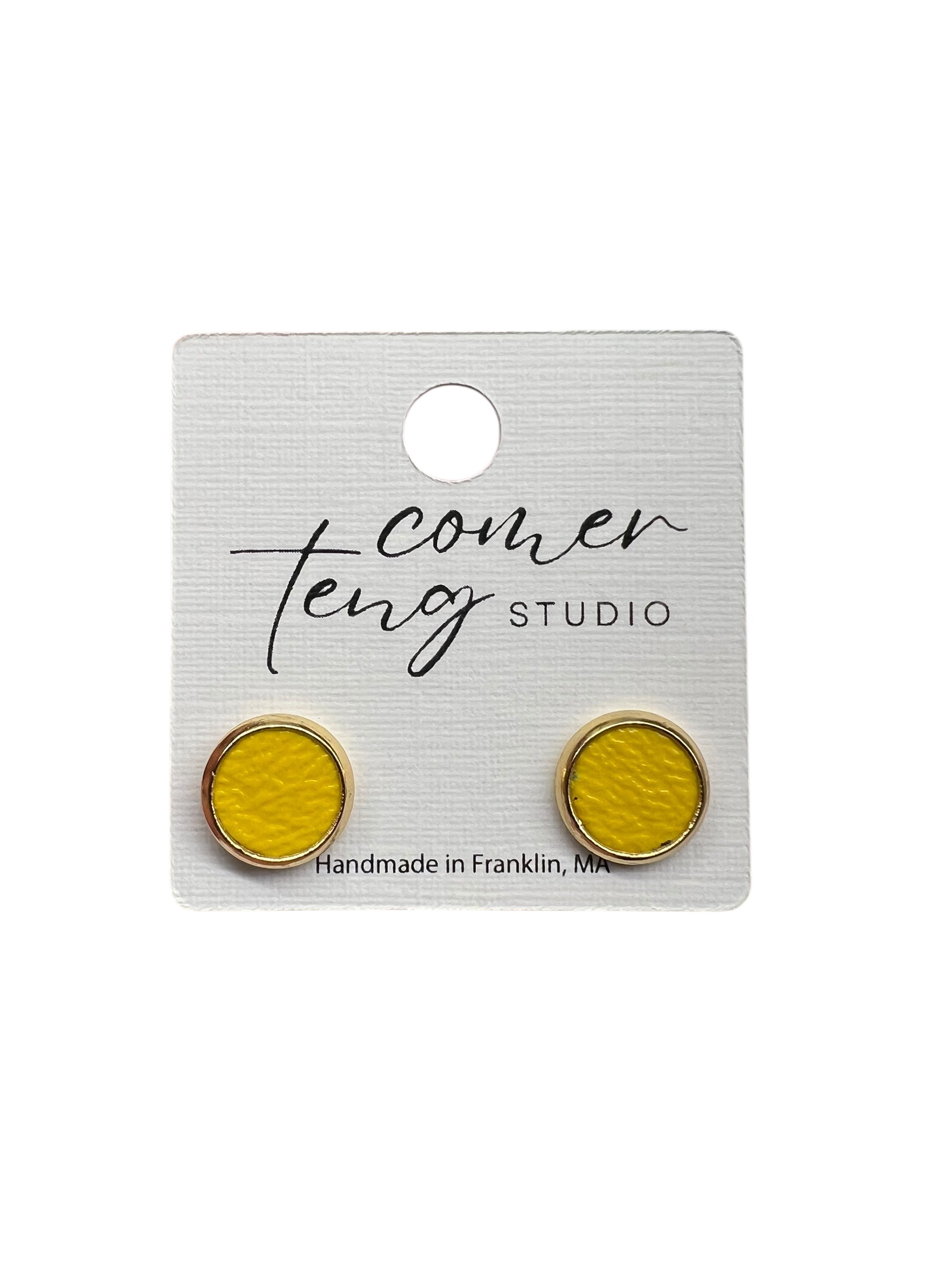 Yellow Faux Leather Gold Stud Earrings
