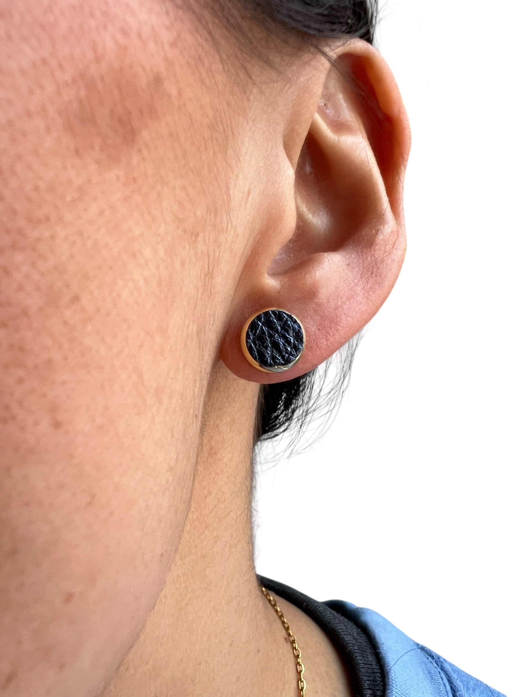 Metallic Navy Leather Stud Earrings