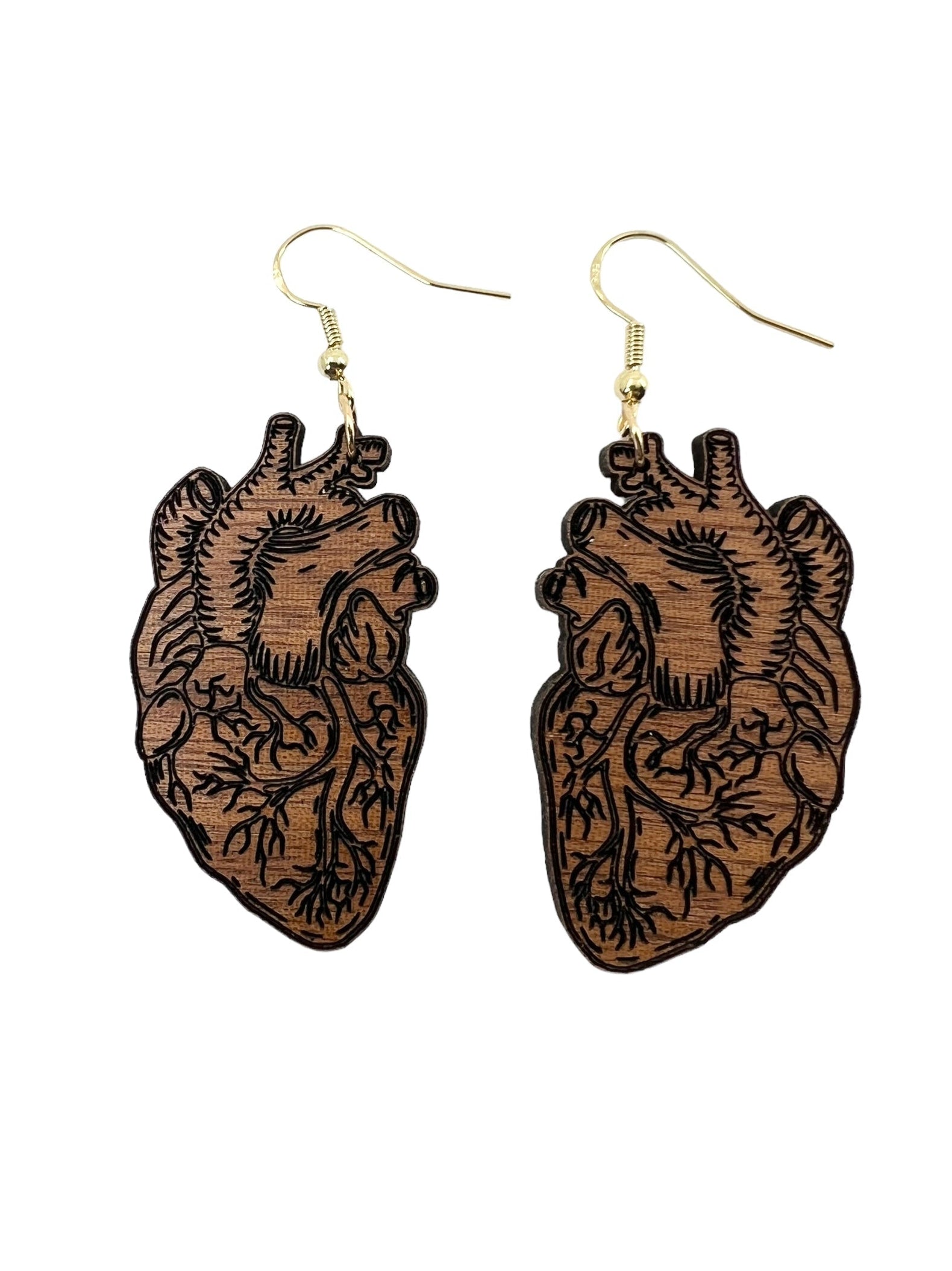 Wood Anatomical Heart Earrings