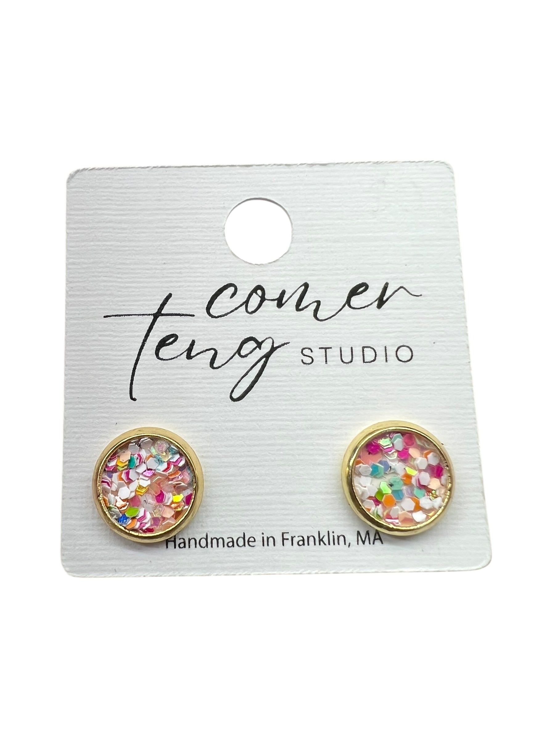 Pink and White Sparkle Faux Leather Stud Earrings