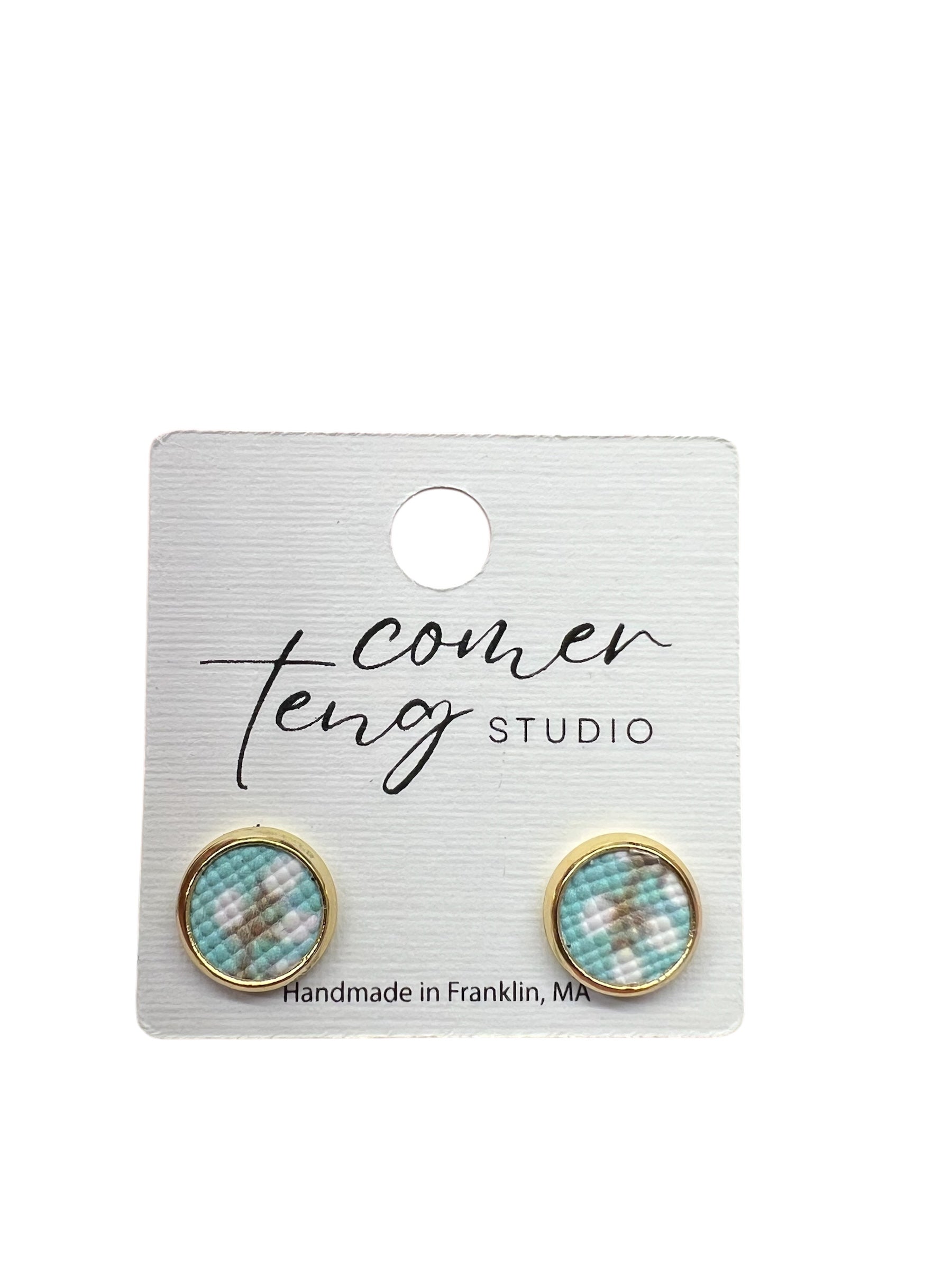 Small Blue and White Flower Faux Leather Stud Earrings