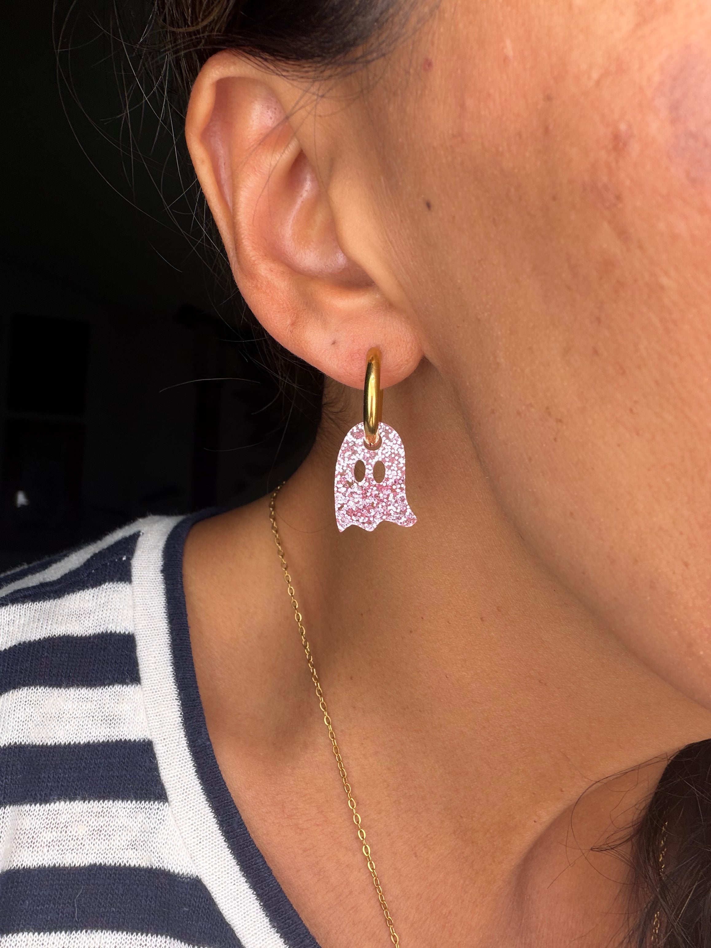 Pink Sparkle Ghost Charm Hoop Earrings | Interchangeable Halloween Earrings
