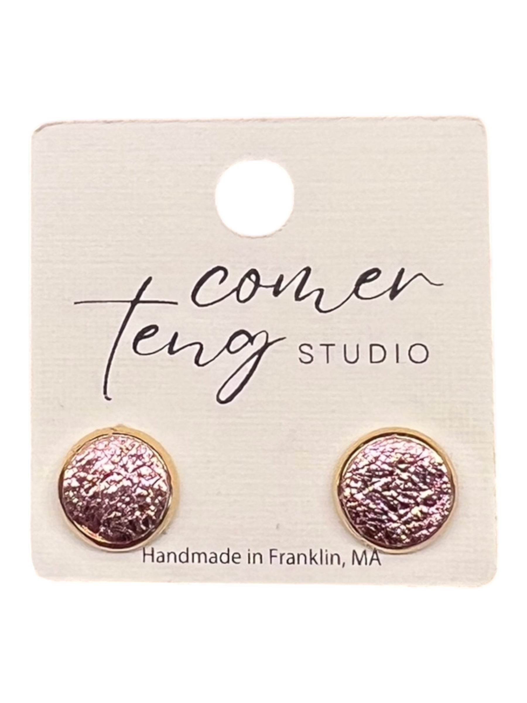 Pair of earrings on a Comer Teng Studio branded card with 'Handmade in Franklin, MA' text.