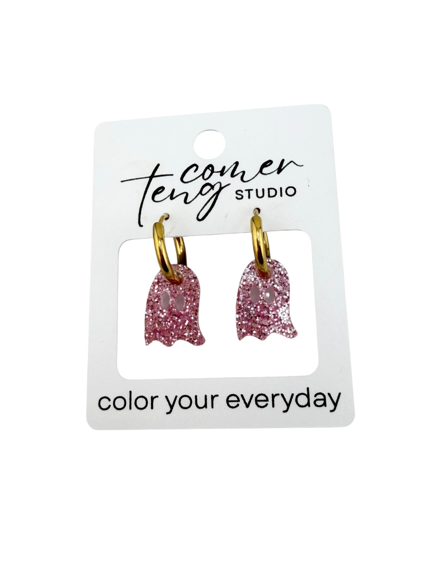 Pink Sparkle Ghost Charm Hoop Earrings | Interchangeable Halloween Earrings