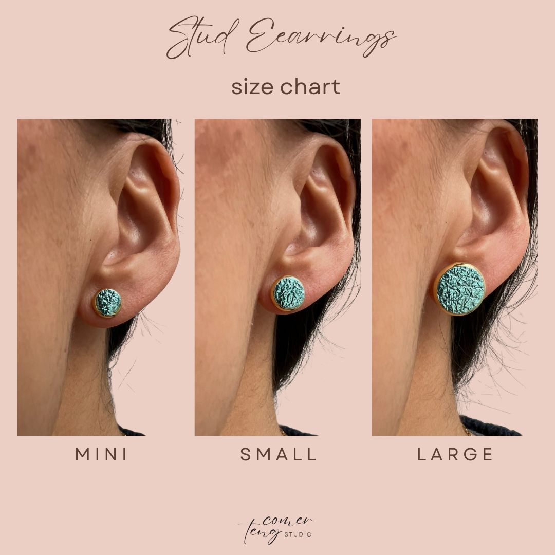 Stud earrings size chart showing mini, small, and large sizes on a person's ear.