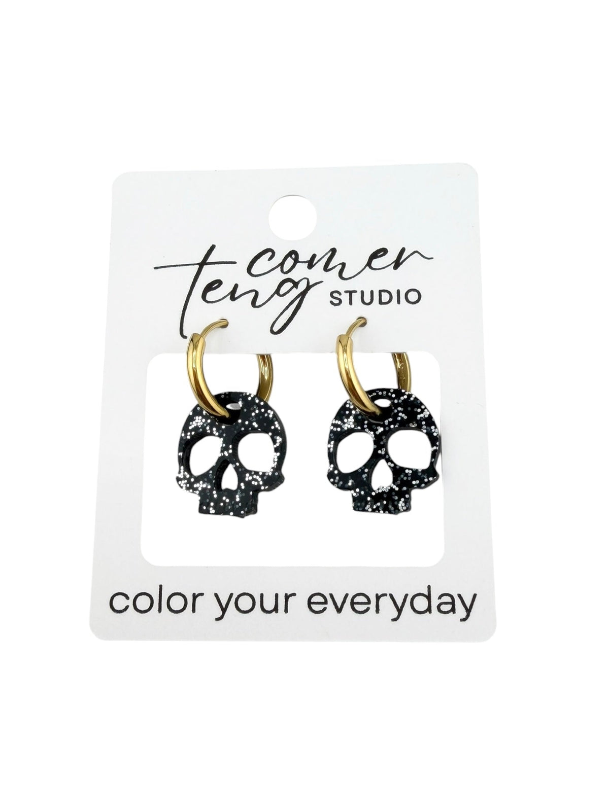 Black Sparkle Skull Charm Hoop Earrings | Interchangeable Halloween Earrings